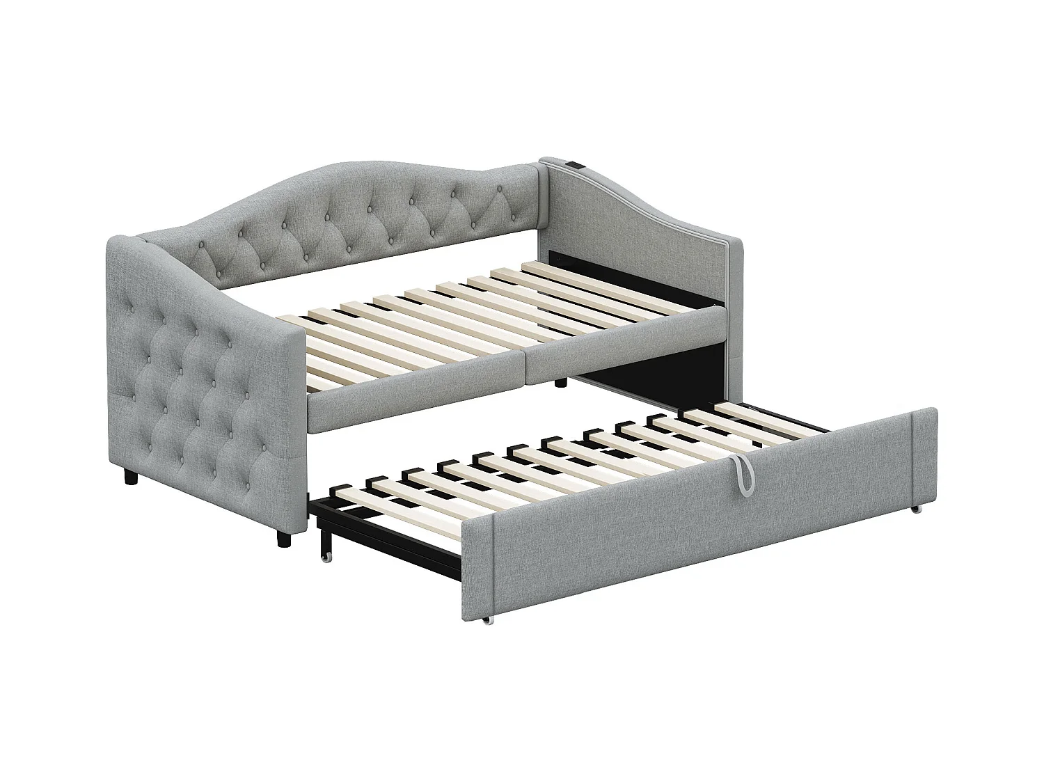 Lit enfant banquette 90x200cm gris en lin convertible, avec dossier et tête de lit rembourrés, sans matelas