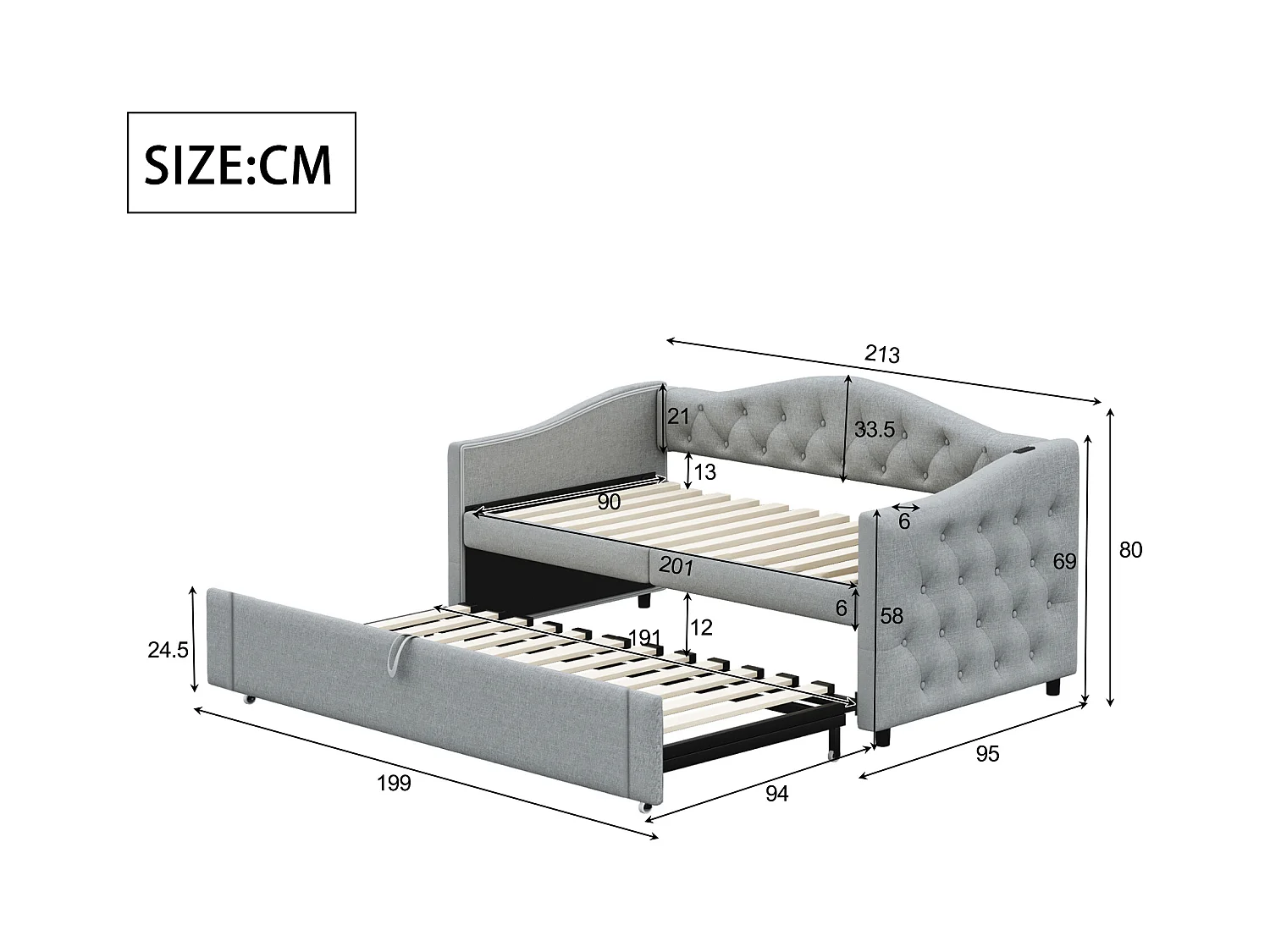 Lit enfant banquette 90x200cm gris en lin convertible, avec dossier et tête de lit rembourrés, sans matelas
