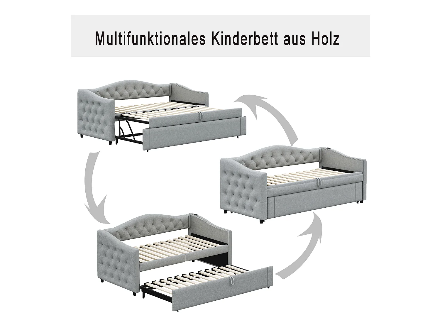 Lit enfant banquette 90x200cm gris en lin convertible, avec dossier et tête de lit rembourrés, sans matelas