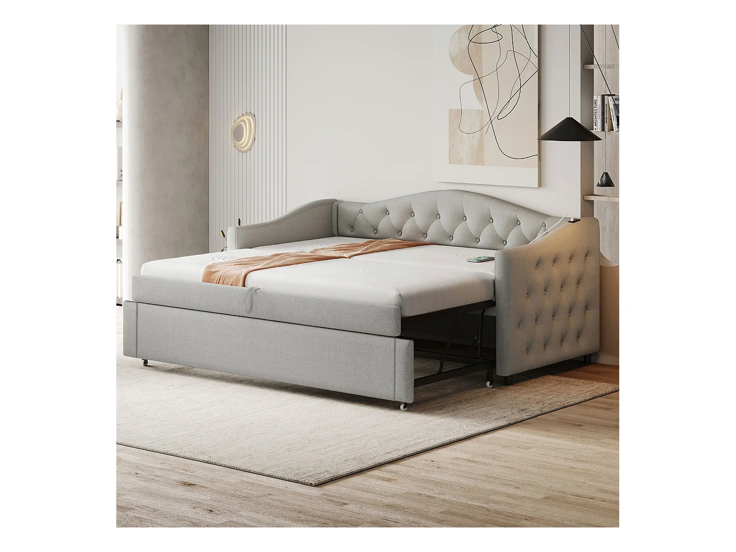 Lit enfant banquette 90x200cm gris en lin convertible, avec dossier et tête de lit rembourrés, sans matelas