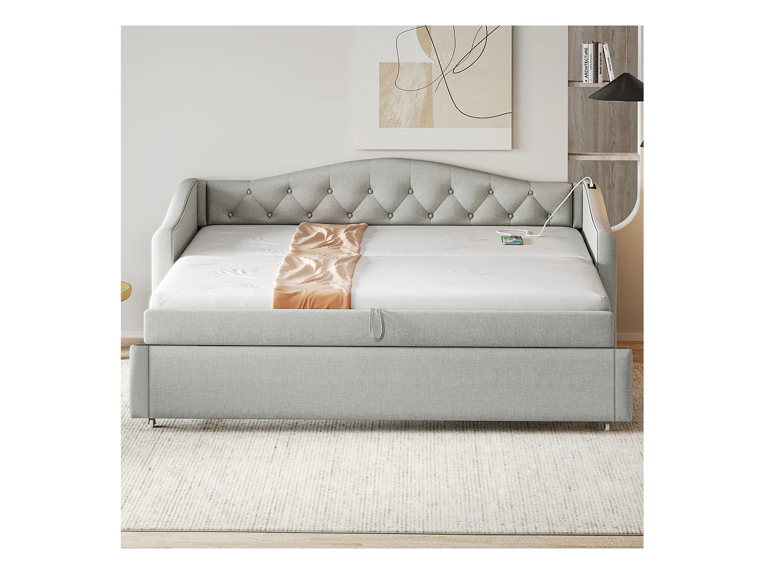 Lit enfant banquette 90x200cm gris en lin convertible, avec dossier et tête de lit rembourrés, sans matelas