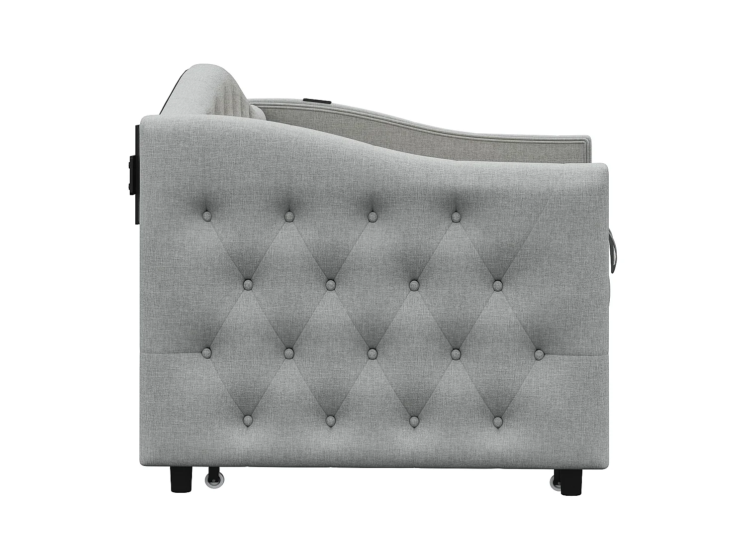 Lit enfant banquette 90x200cm gris en lin convertible, avec dossier et tête de lit rembourrés, sans matelas