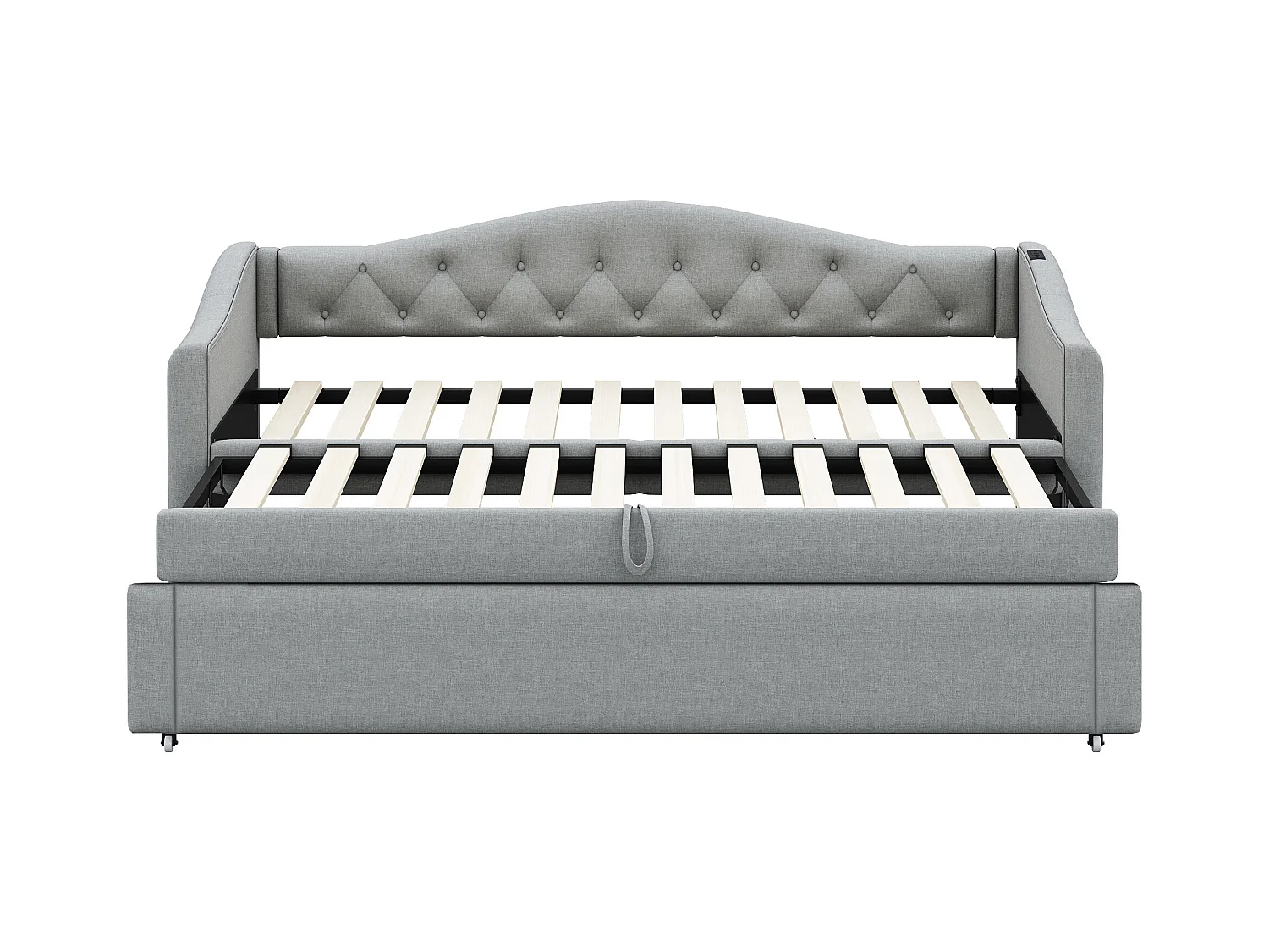 Lit enfant banquette 90x200cm gris en lin convertible, avec dossier et tête de lit rembourrés, sans matelas