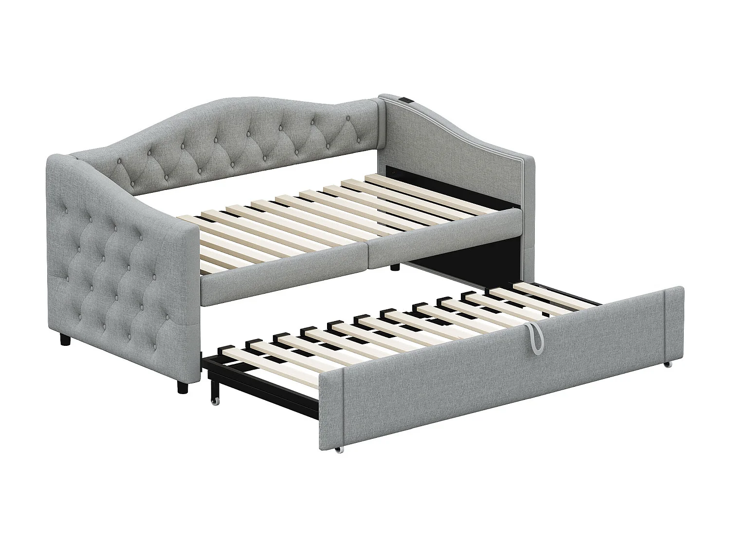 Lit enfant banquette 90x200cm gris en lin convertible, avec dossier et tête de lit rembourrés, sans matelas