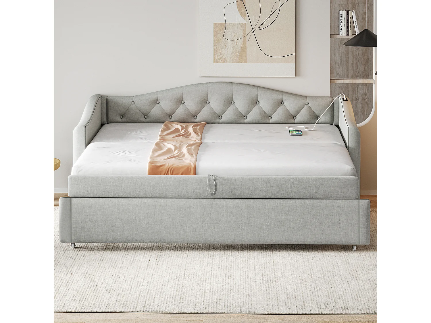Lit enfant banquette 90x200cm gris en lin convertible, avec dossier et tête de lit rembourrés, sans matelas