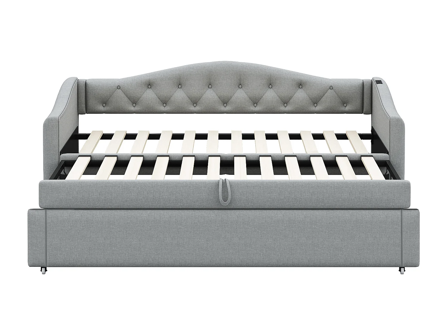 Lit enfant banquette 90x200cm gris en lin convertible, avec dossier et tête de lit rembourrés, sans matelas