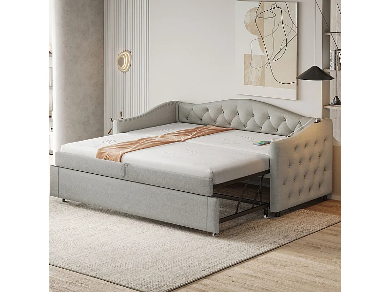 Divano letto per bambini 90x200cm grigio lino trasformabile, con schienale e testiera imbottiti, senza materasso