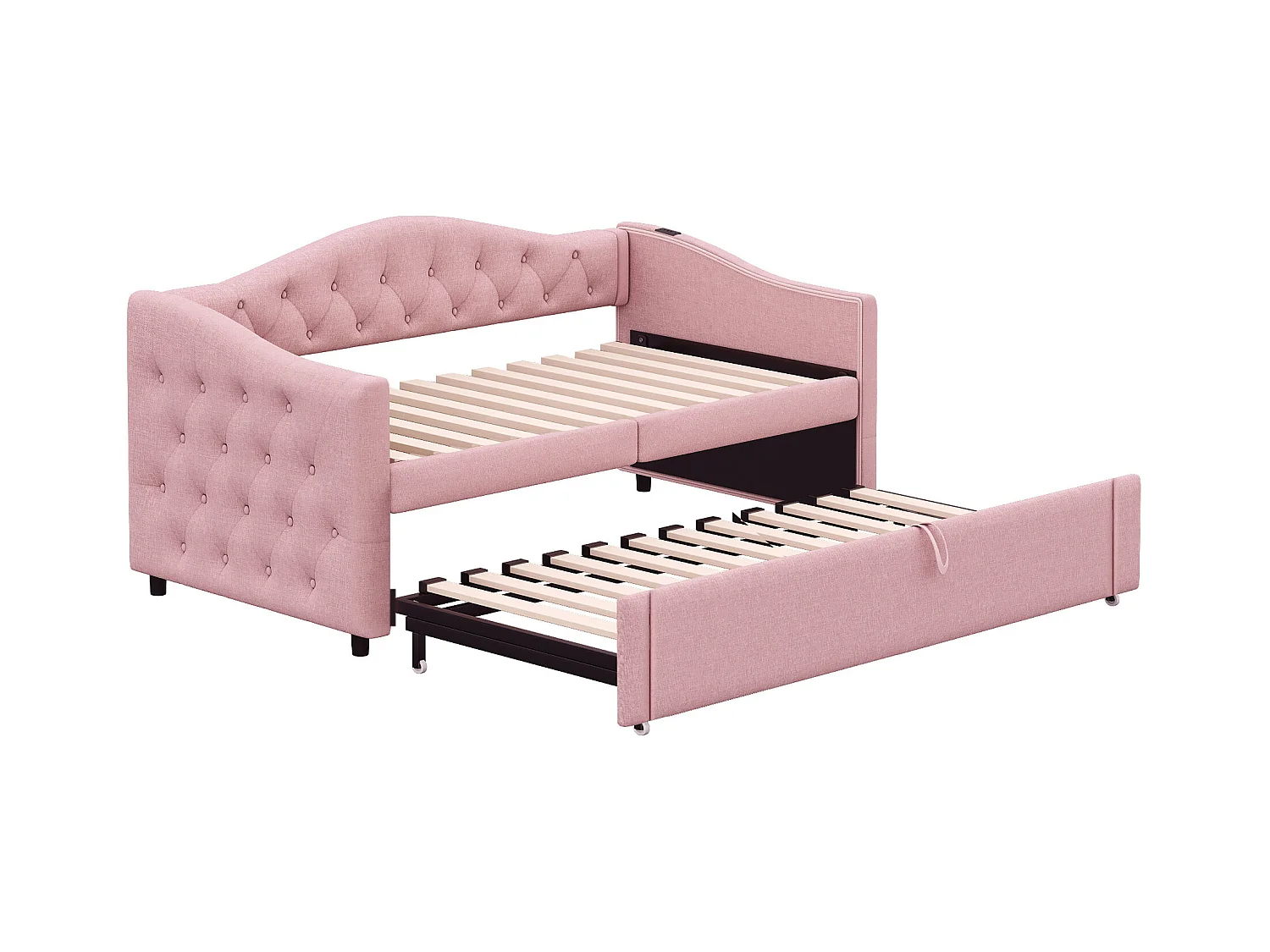 Lit enfant banquette 90x200cm rose en lin convertible, avec dossier et tête de lit rembourrés, sans matelas