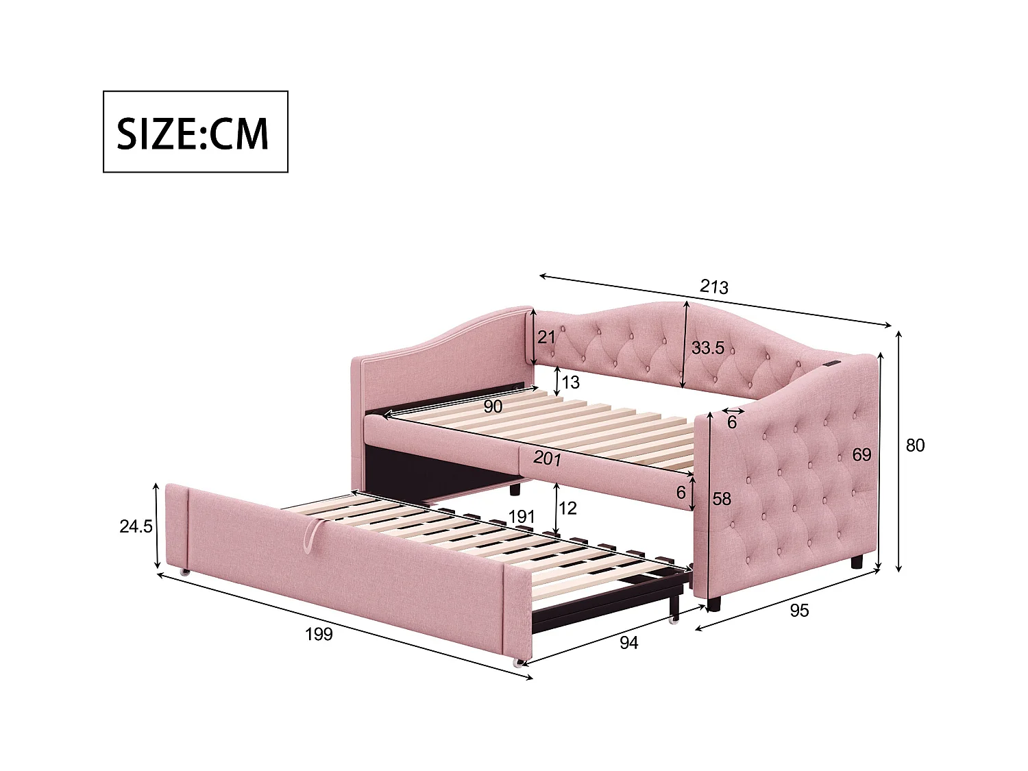 Lit enfant banquette 90x200cm rose en lin convertible, avec dossier et tête de lit rembourrés, sans matelas