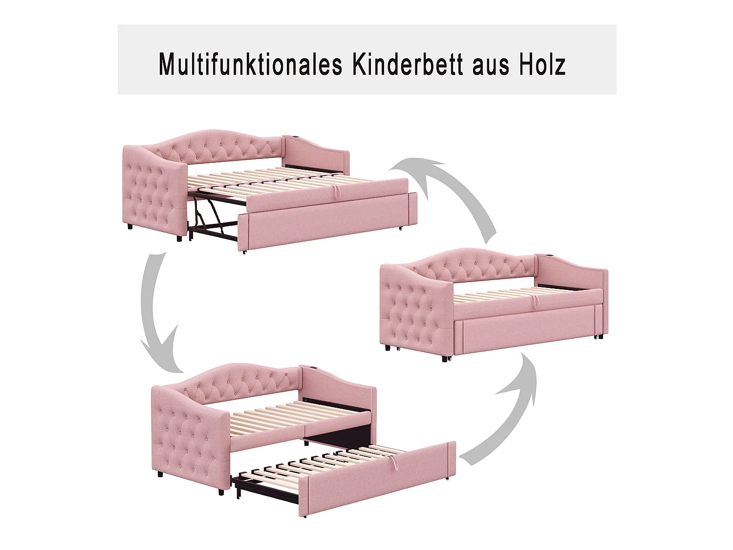 Lit enfant banquette 90x200cm rose en lin convertible, avec dossier et tête de lit rembourrés, sans matelas