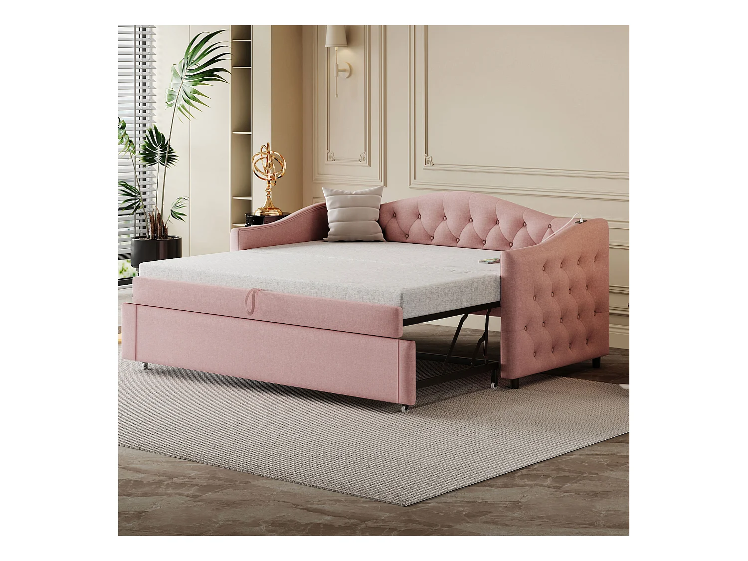 Lit enfant banquette 90x200cm rose en lin convertible, avec dossier et tête de lit rembourrés, sans matelas