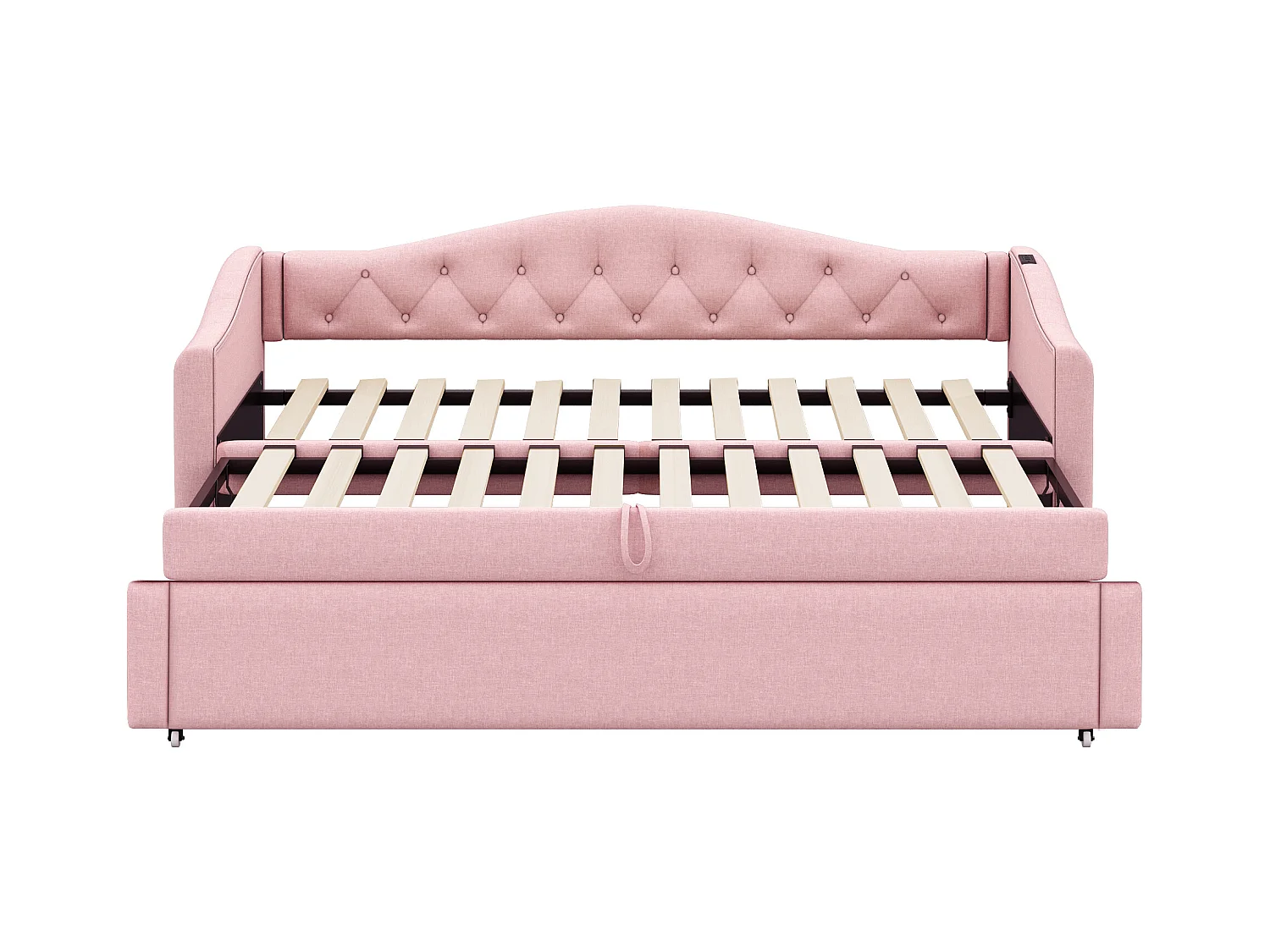 Lit enfant banquette 90x200cm rose en lin convertible, avec dossier et tête de lit rembourrés, sans matelas
