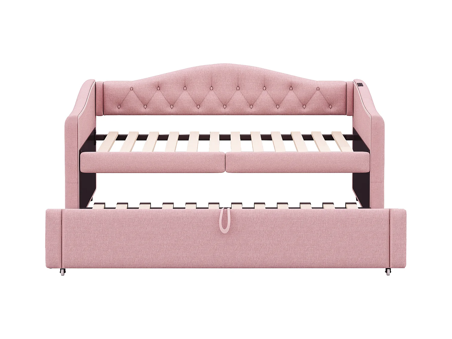 Lit enfant banquette 90x200cm rose en lin convertible, avec dossier et tête de lit rembourrés, sans matelas