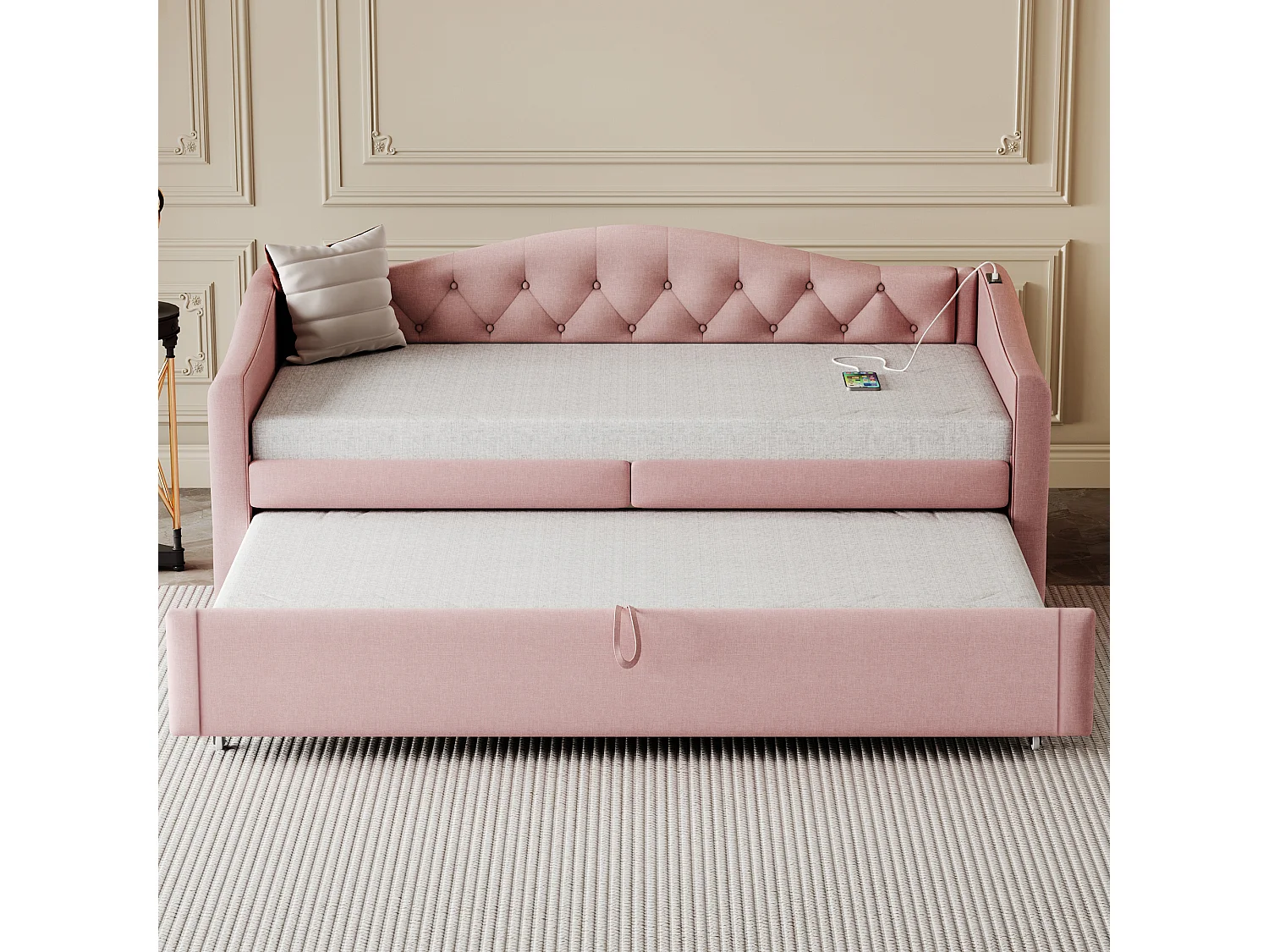 Lit enfant banquette 90x200cm rose en lin convertible, avec dossier et tête de lit rembourrés, sans matelas