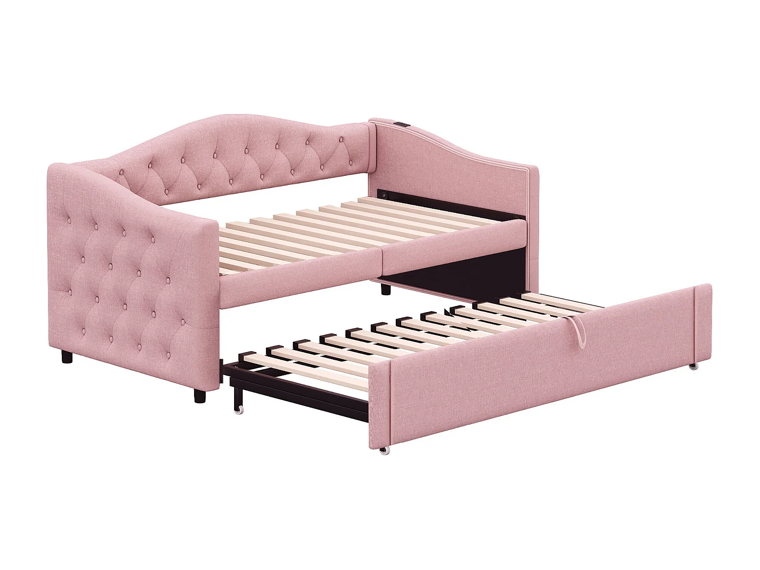 Lit enfant banquette 90x200cm rose en lin convertible, avec dossier et tête de lit rembourrés, sans matelas