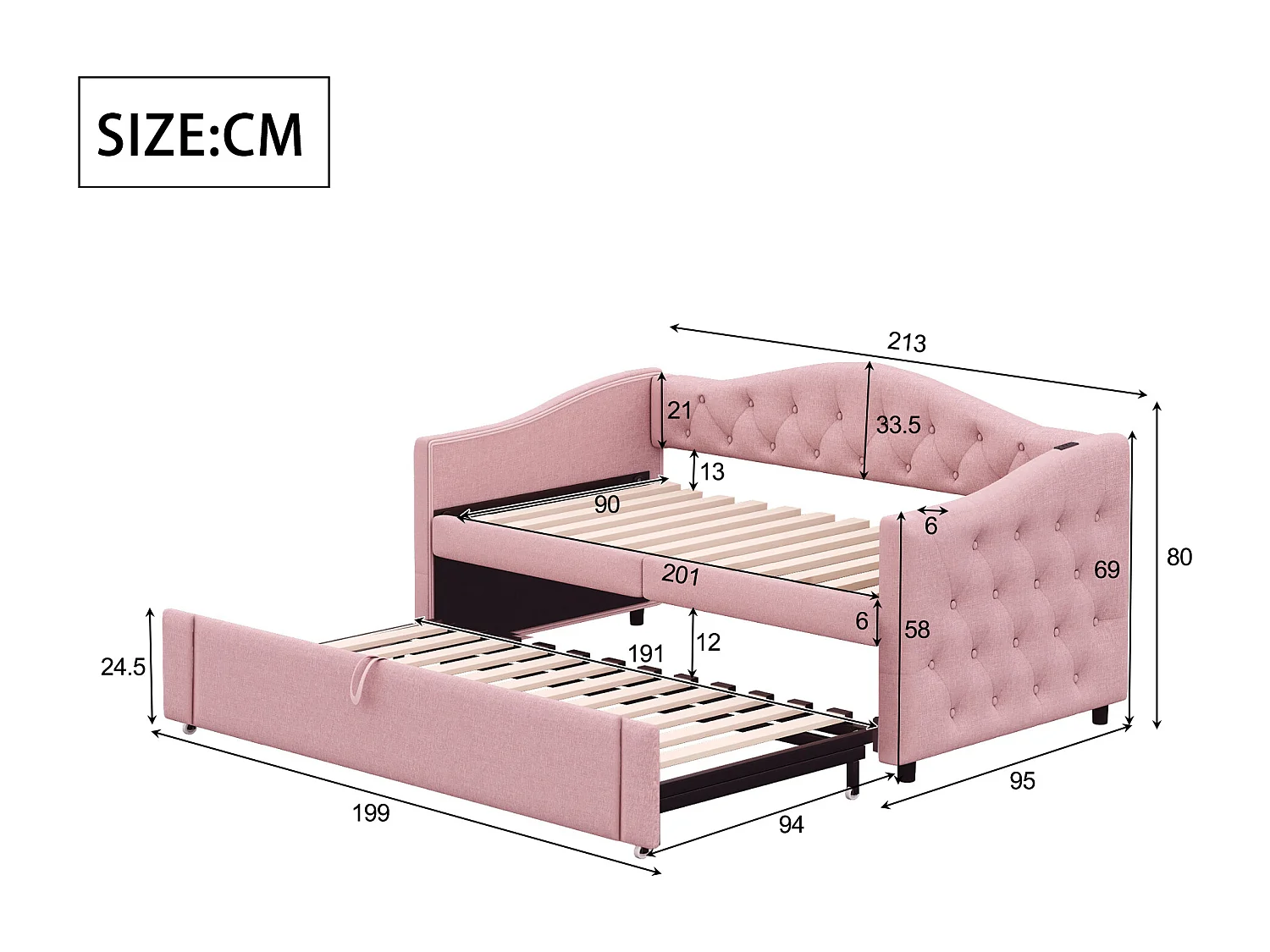 Lit enfant banquette 90x200cm rose en lin convertible, avec dossier et tête de lit rembourrés, sans matelas