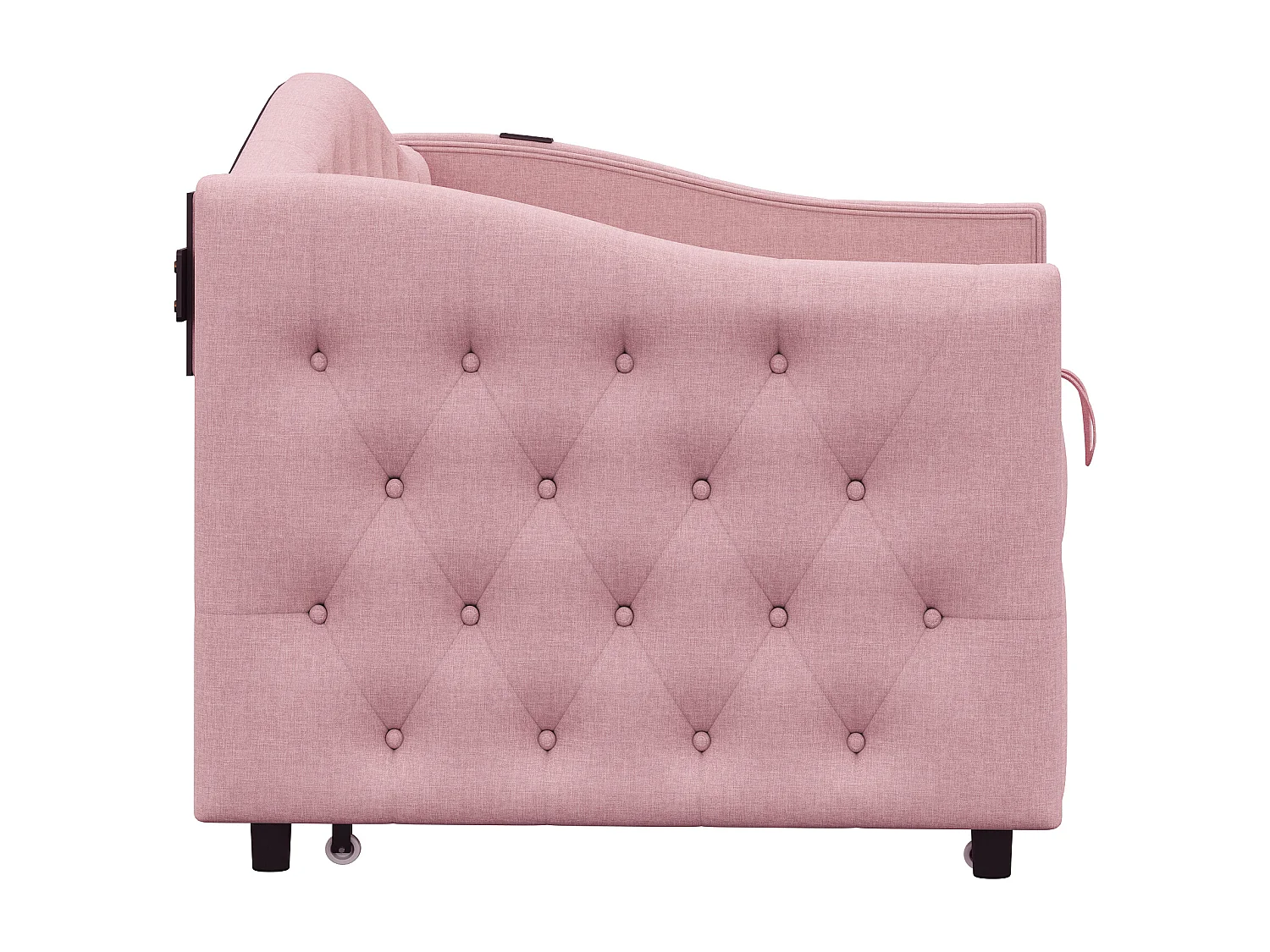Lit enfant banquette 90x200cm rose en lin convertible, avec dossier et tête de lit rembourrés, sans matelas