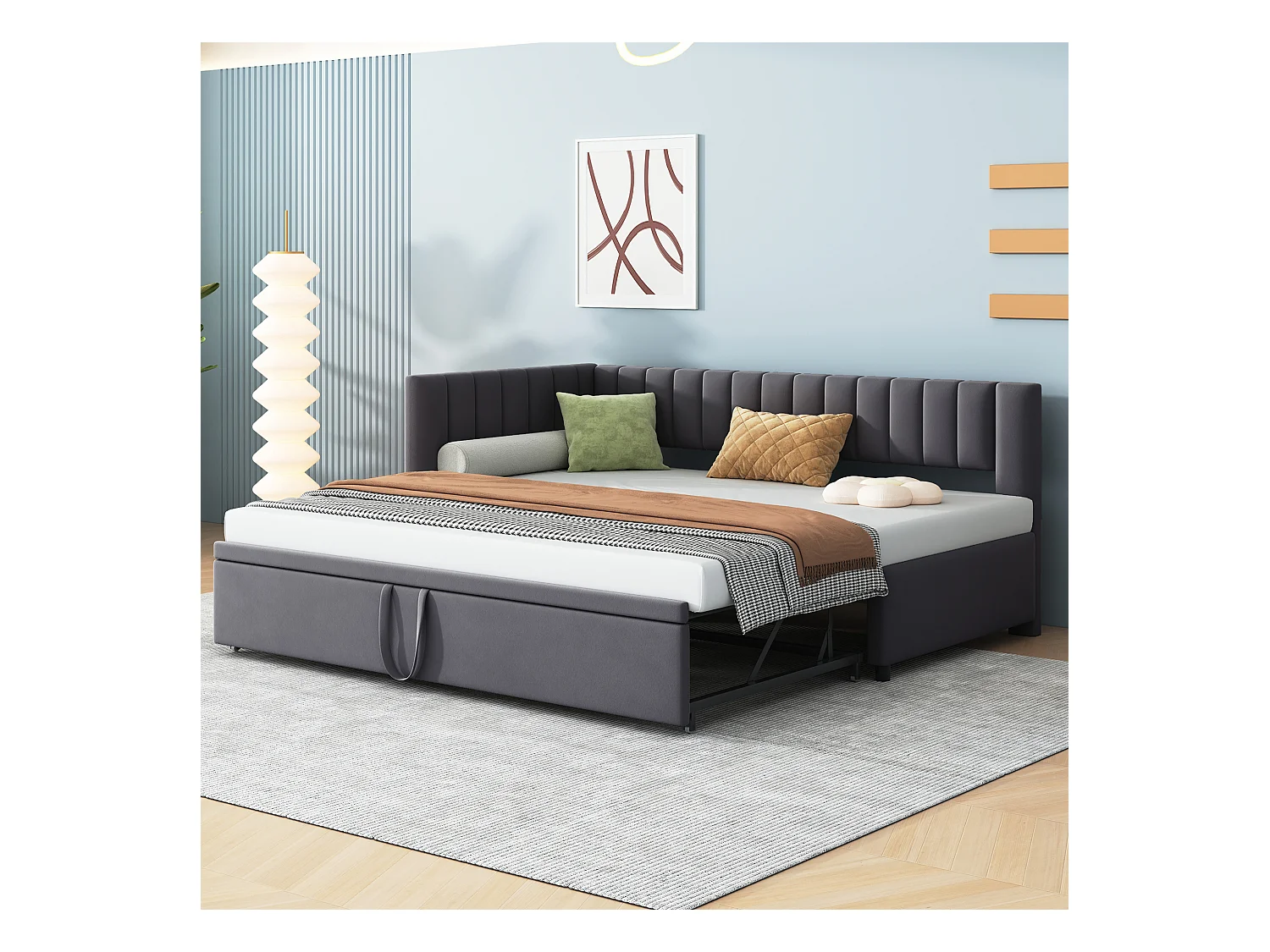 Lit enfant banquette 90/180x200cm gris en velours convertible, avec dossier et tête de lit rembourrés, sans matelas