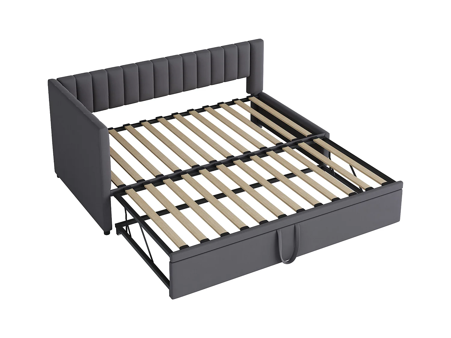 Lit enfant banquette 90/180x200cm gris en velours convertible, avec dossier et tête de lit rembourrés, sans matelas