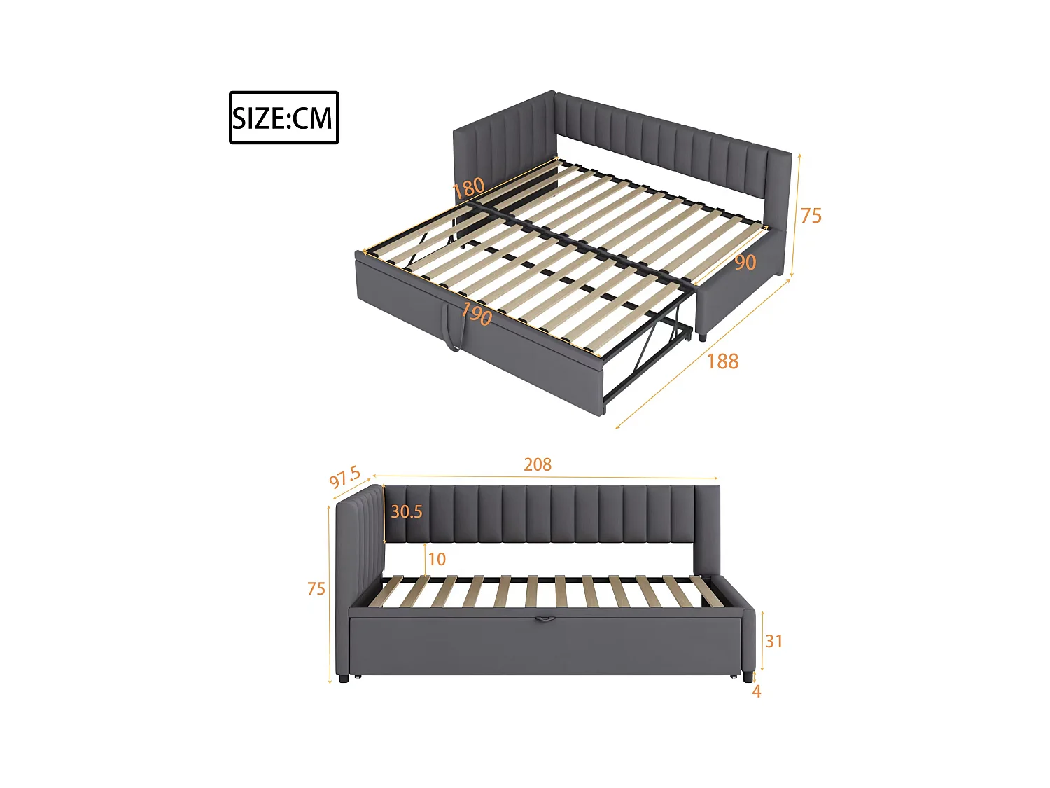 Lit enfant banquette 90/180x200cm gris en velours convertible, avec dossier et tête de lit rembourrés, sans matelas