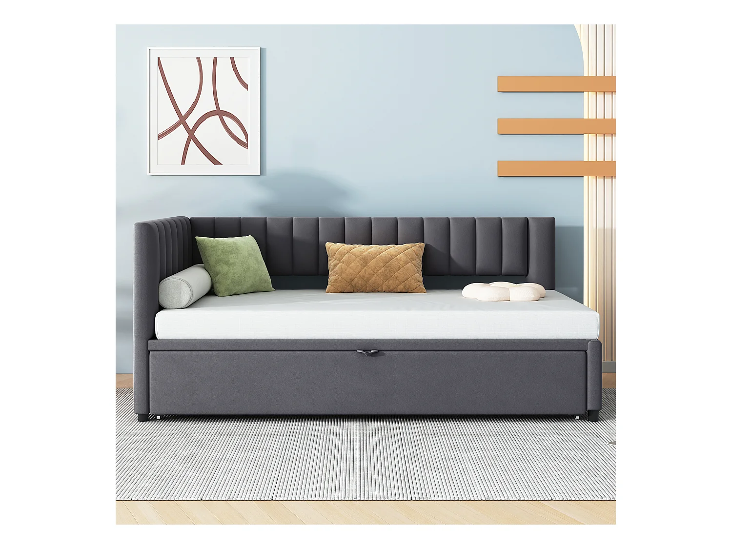 Lit enfant banquette 90/180x200cm gris en velours convertible, avec dossier et tête de lit rembourrés, sans matelas