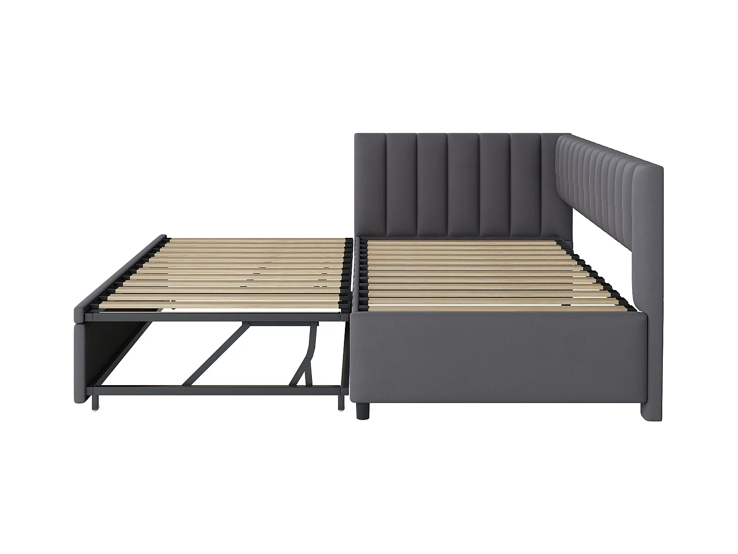 Lit enfant banquette 90/180x200cm gris en velours convertible, avec dossier et tête de lit rembourrés, sans matelas