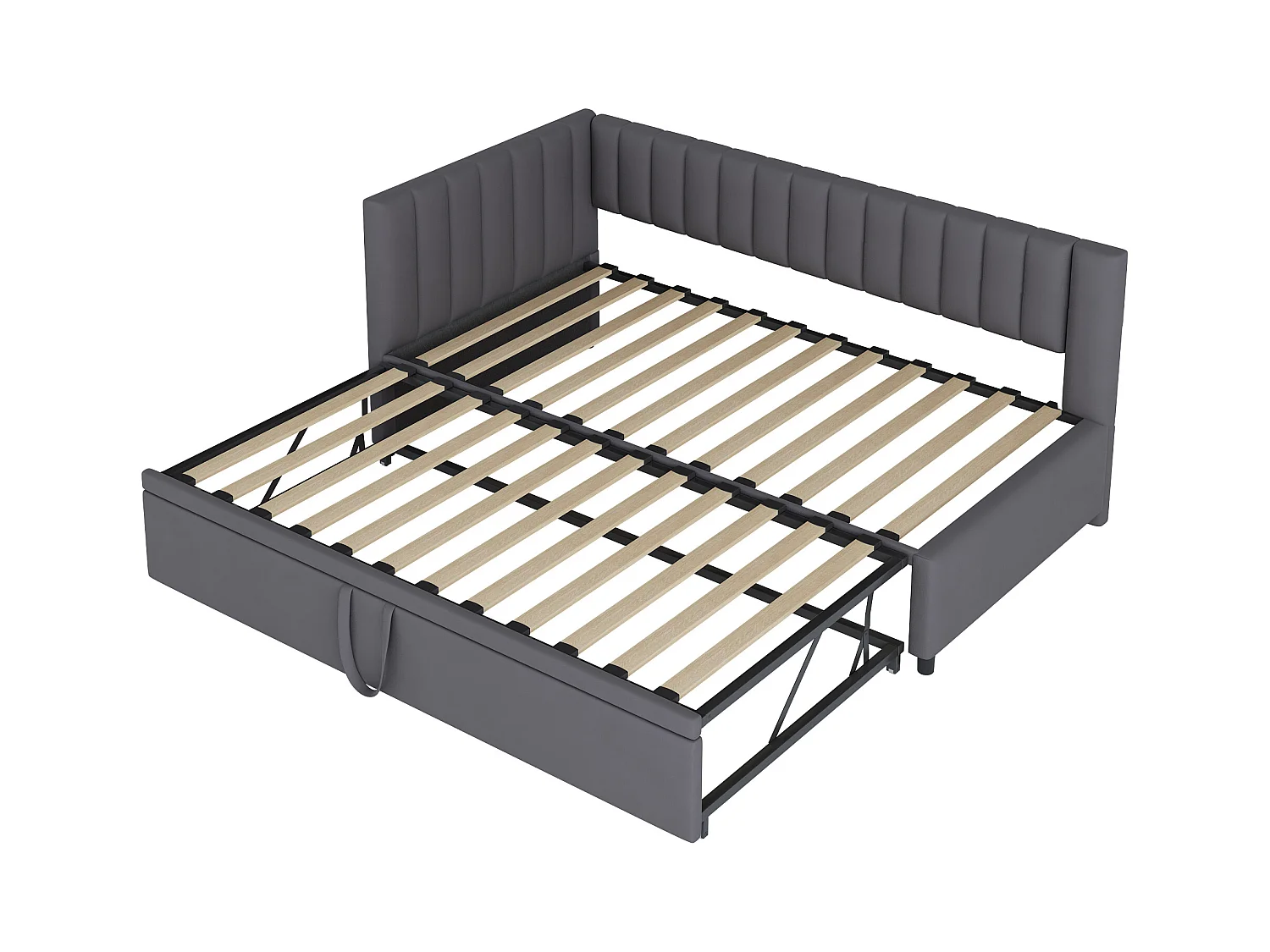 Lit enfant banquette 90/180x200cm gris en velours convertible, avec dossier et tête de lit rembourrés, sans matelas