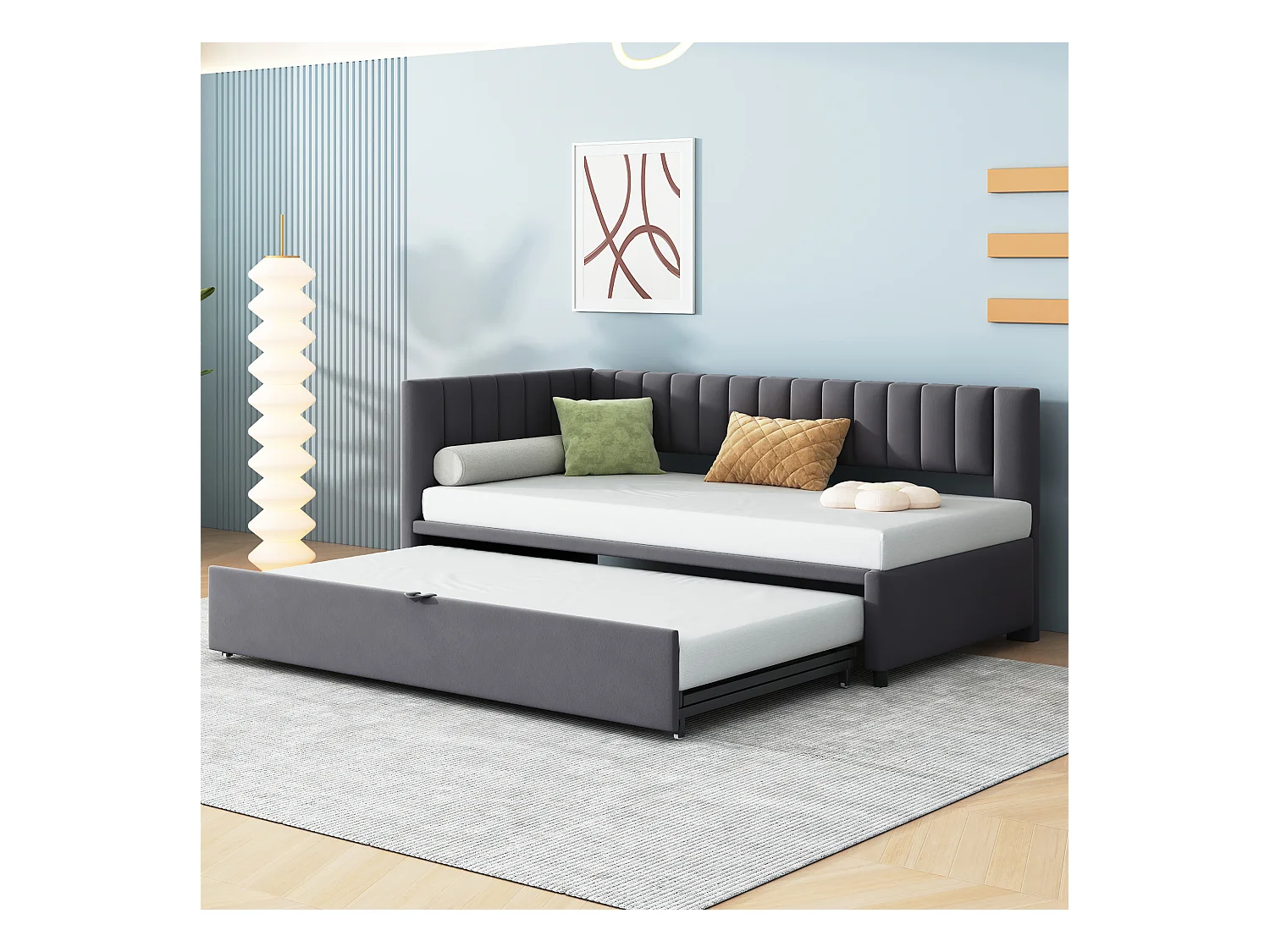 Lit enfant banquette 90/180x200cm gris en velours convertible, avec dossier et tête de lit rembourrés, sans matelas