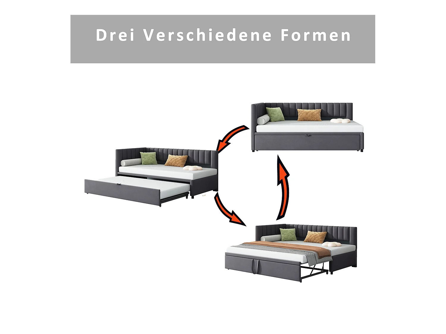 Lit enfant banquette 90/180x200cm gris en velours convertible, avec dossier et tête de lit rembourrés, sans matelas