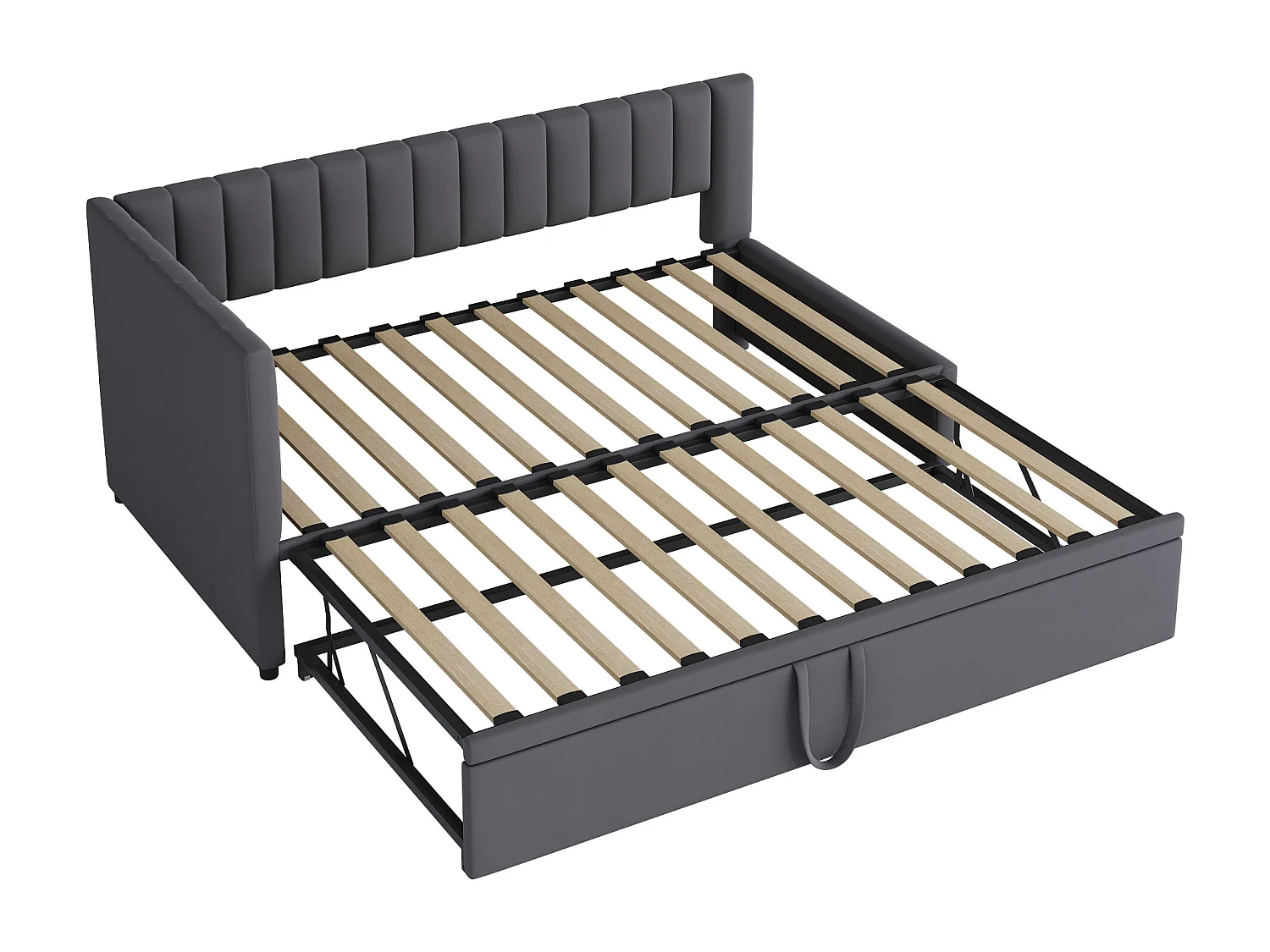 Lit enfant banquette 90/180x200cm gris en velours convertible, avec dossier et tête de lit rembourrés, sans matelas