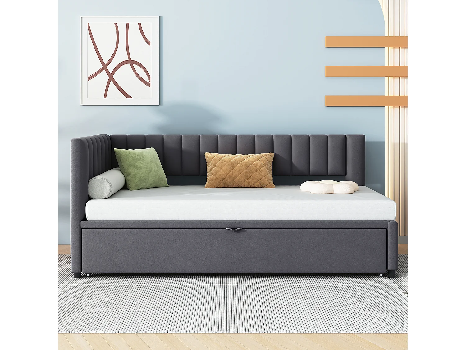 Lit enfant banquette 90/180x200cm gris en velours convertible, avec dossier et tête de lit rembourrés, sans matelas