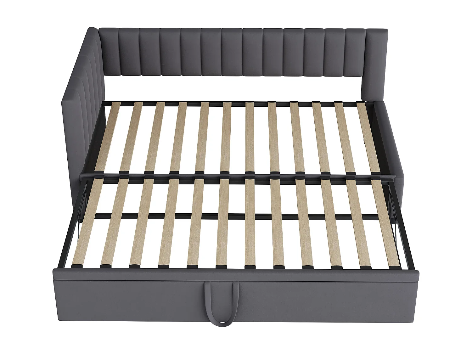 Lit enfant banquette 90/180x200cm gris en velours convertible, avec dossier et tête de lit rembourrés, sans matelas