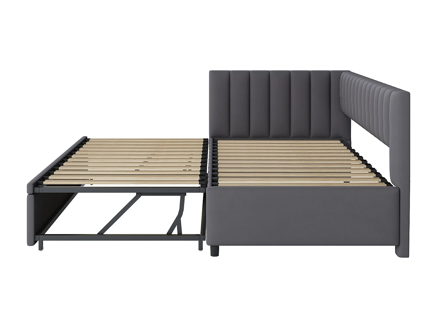 Lit enfant banquette 90/180x200cm gris en velours convertible, avec dossier et tête de lit rembourrés, sans matelas