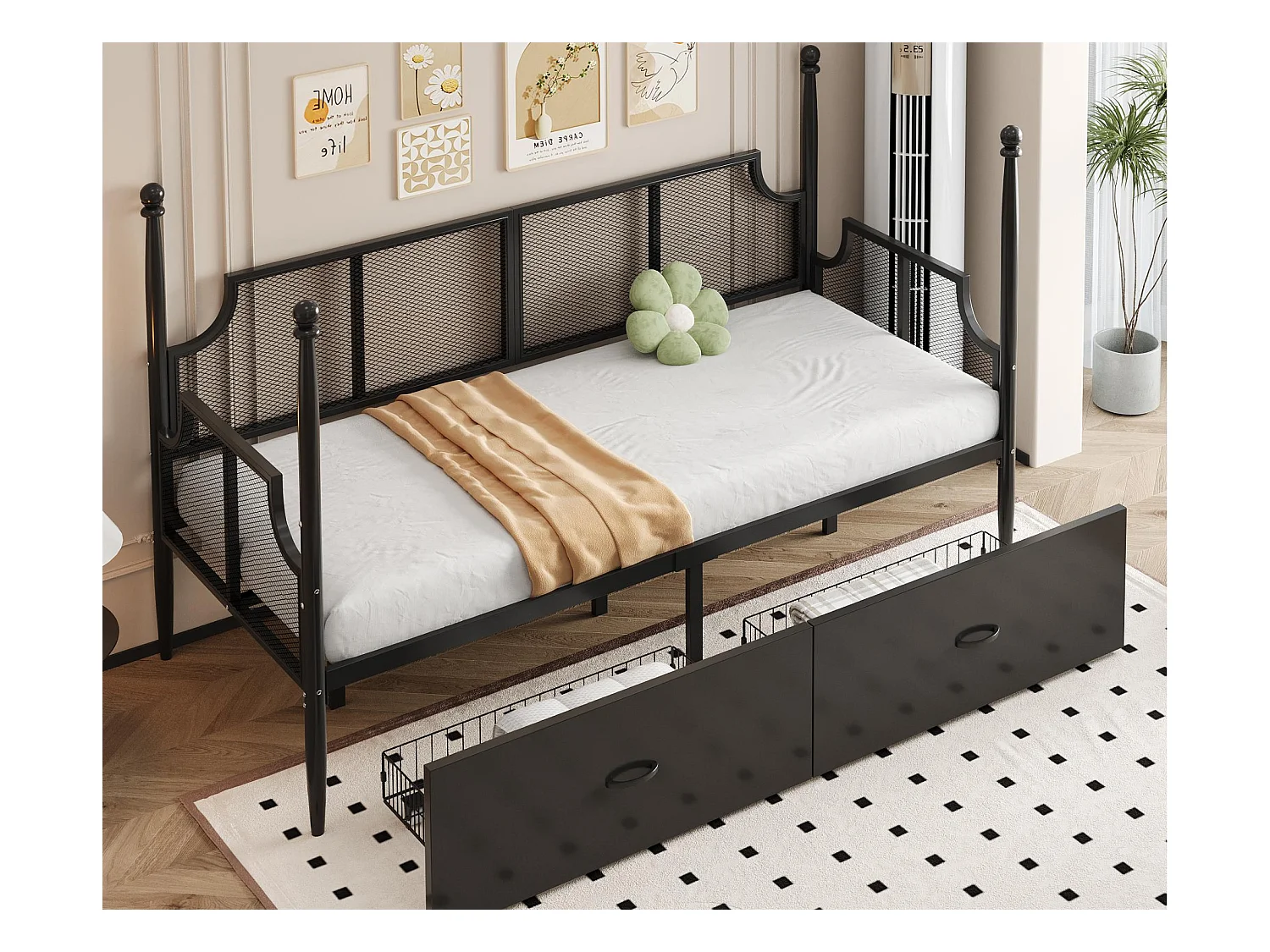 Canapé-lit en fer forgé 90x200 cm - Avec 2 tiroirs - Structure en métal - Avec compartiment de rangement - noir