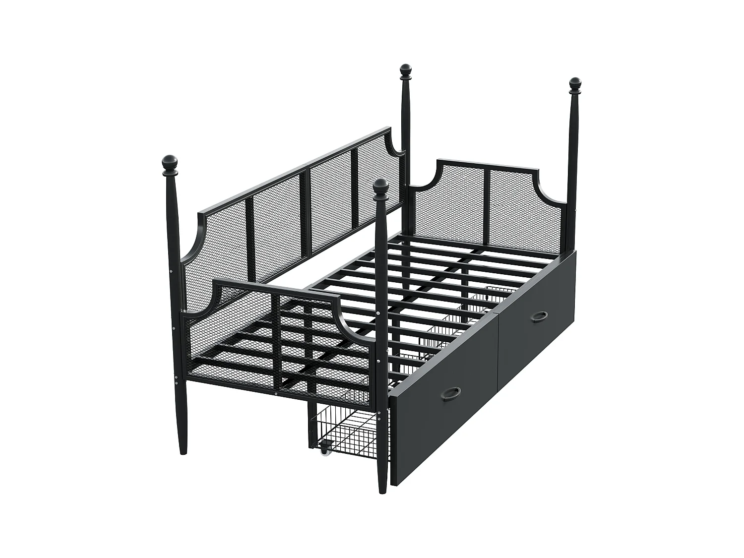 Canapé-lit en fer forgé 90x200 cm - Avec 2 tiroirs - Structure en métal - Avec compartiment de rangement - noir
