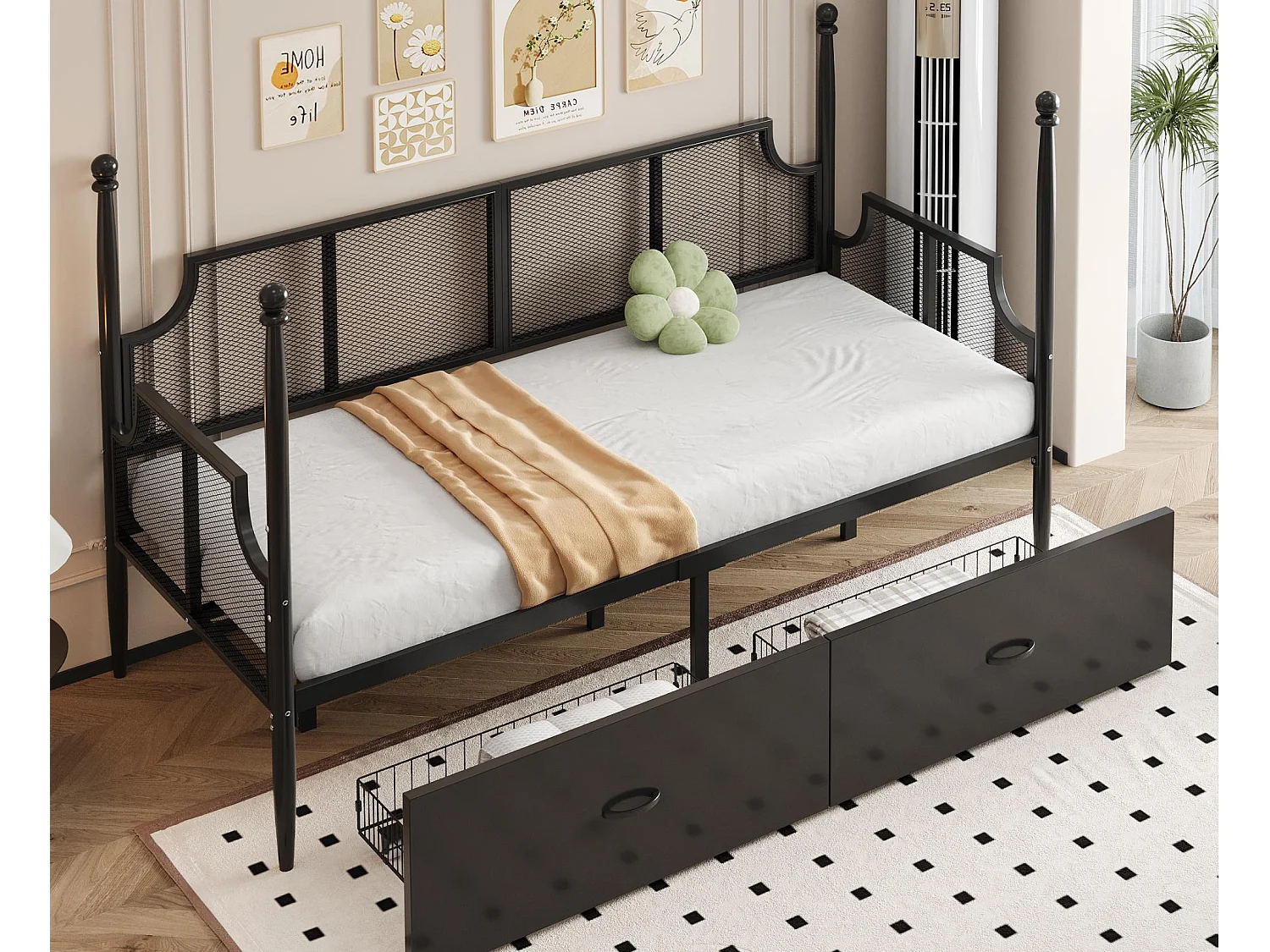 Schlafsofa aus Schmiedeeisen 90x200 cm - mit 2 Schubladen - Metallstruktur - mit Staufach - schwarz