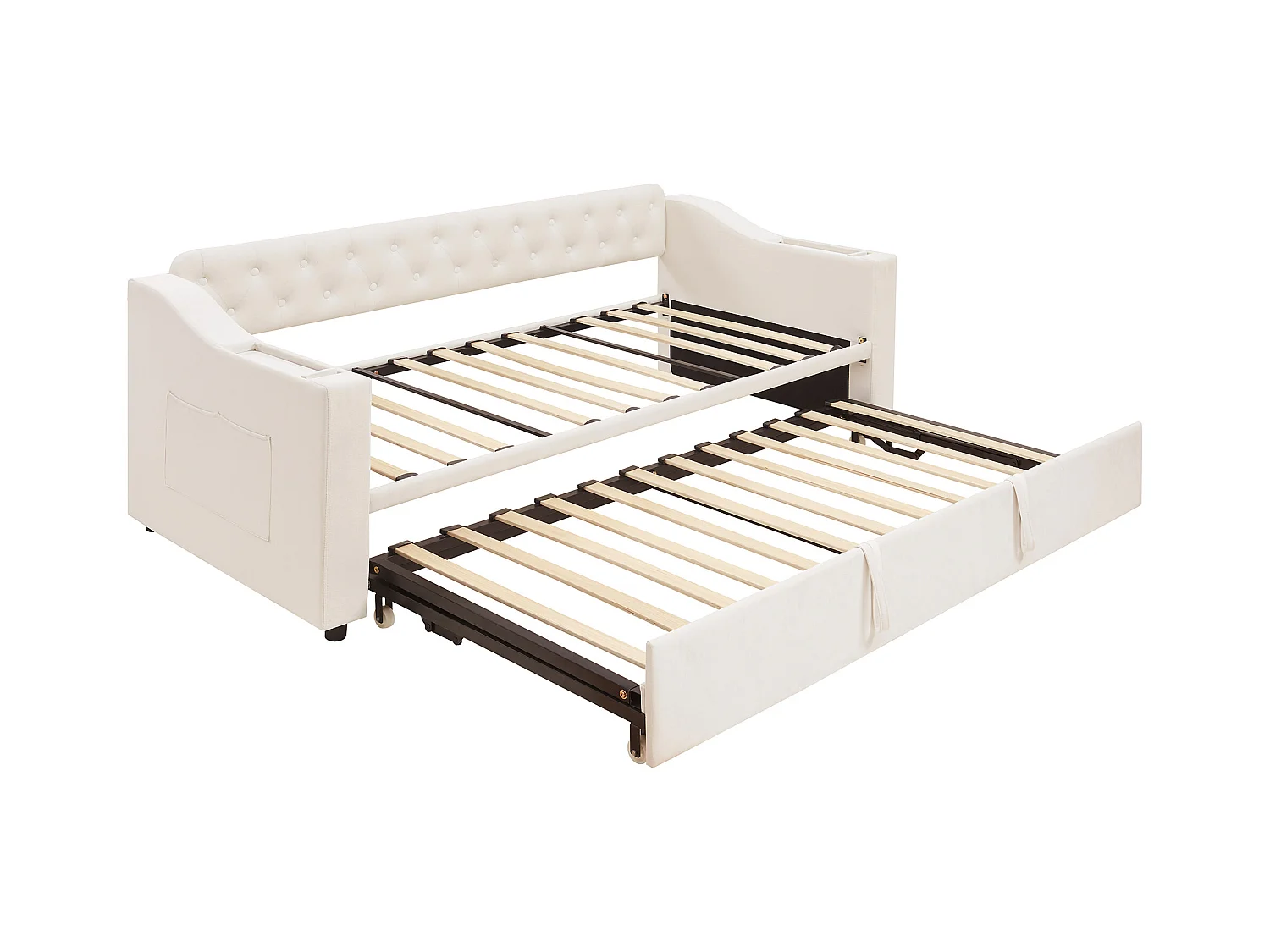 Lit enfant banquette 90/180x190cm beige en velours convertible, avec ports USB et prise secteur, sans matelas