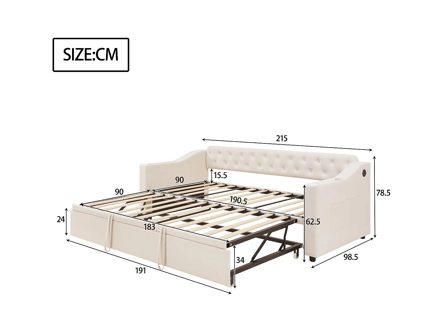 Lit enfant banquette 90/180x190cm beige en velours convertible, avec ports USB et prise secteur, sans matelas