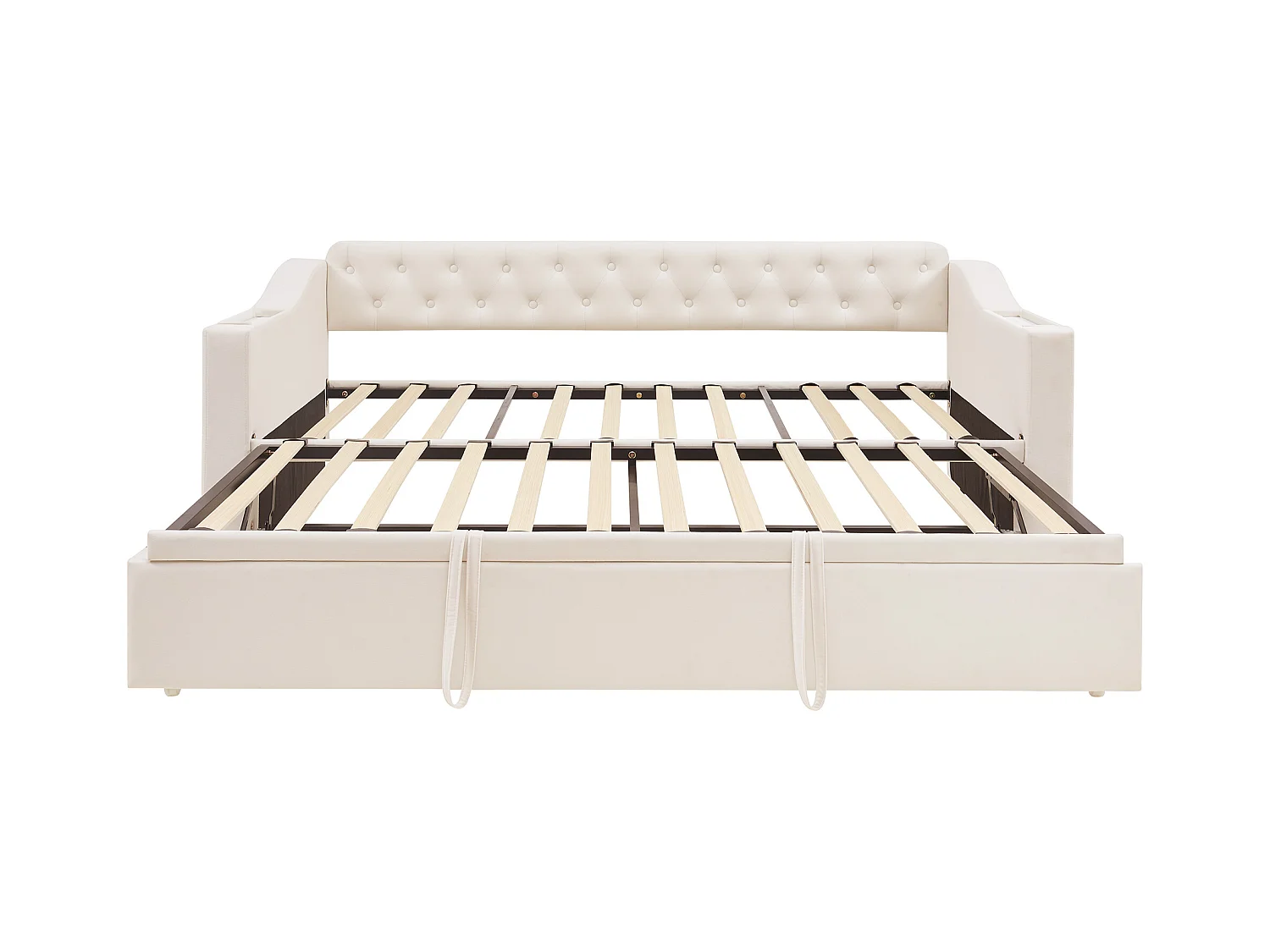 Lit enfant banquette 90/180x190cm beige en velours convertible, avec ports USB et prise secteur, sans matelas