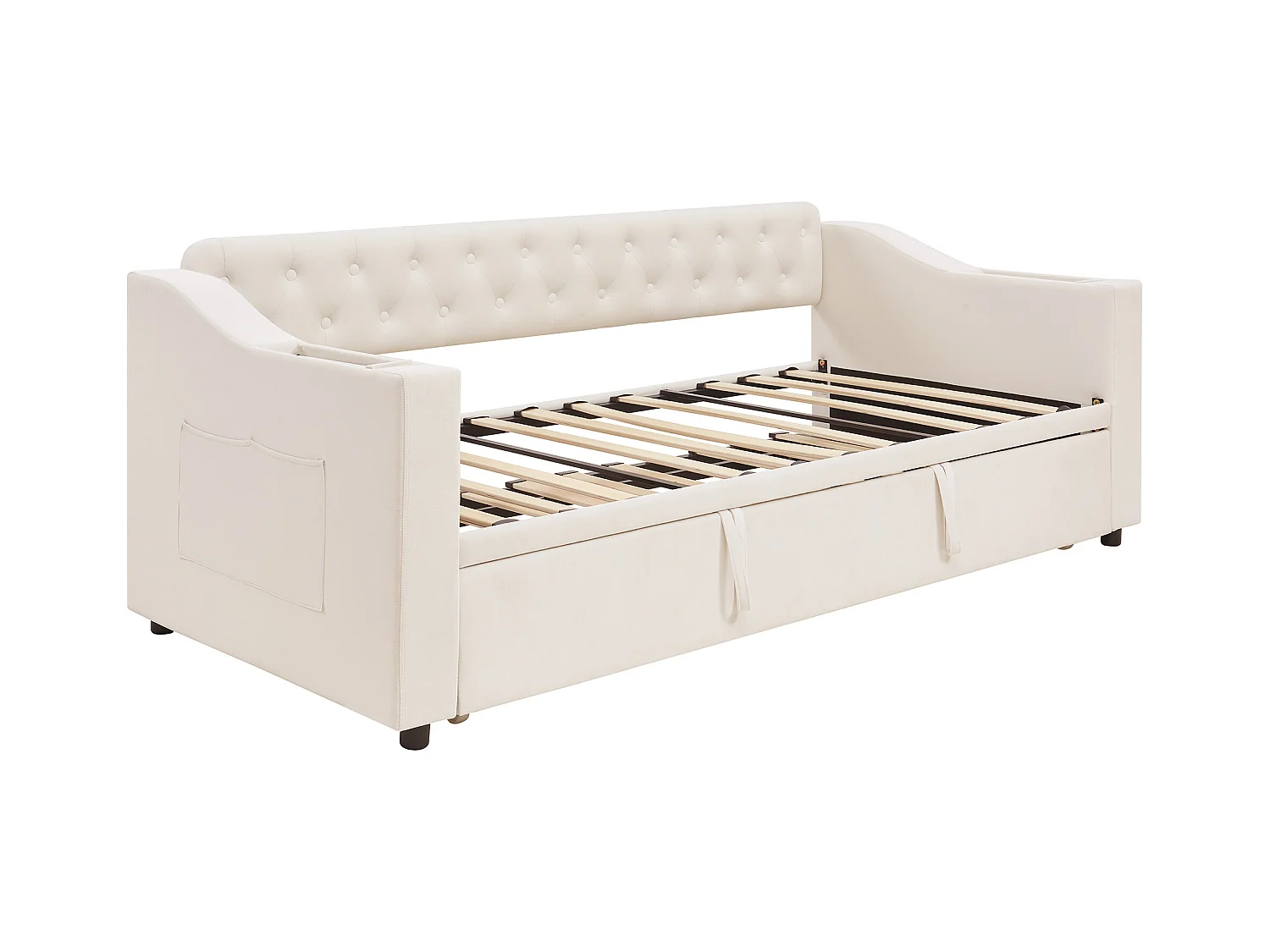 Lit enfant banquette 90/180x190cm beige en velours convertible, avec ports USB et prise secteur, sans matelas