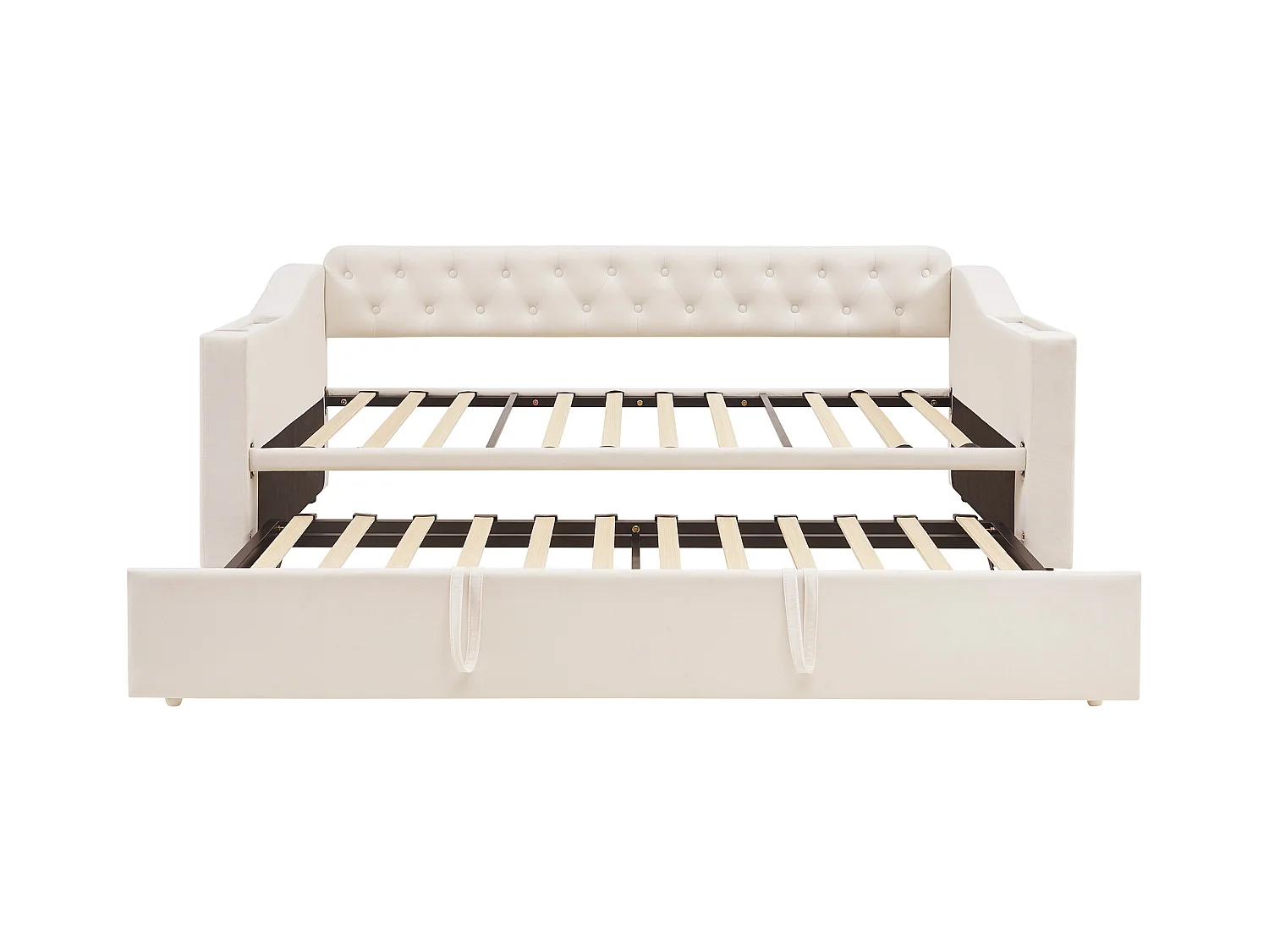 Lit enfant banquette 90/180x190cm beige en velours convertible, avec ports USB et prise secteur, sans matelas