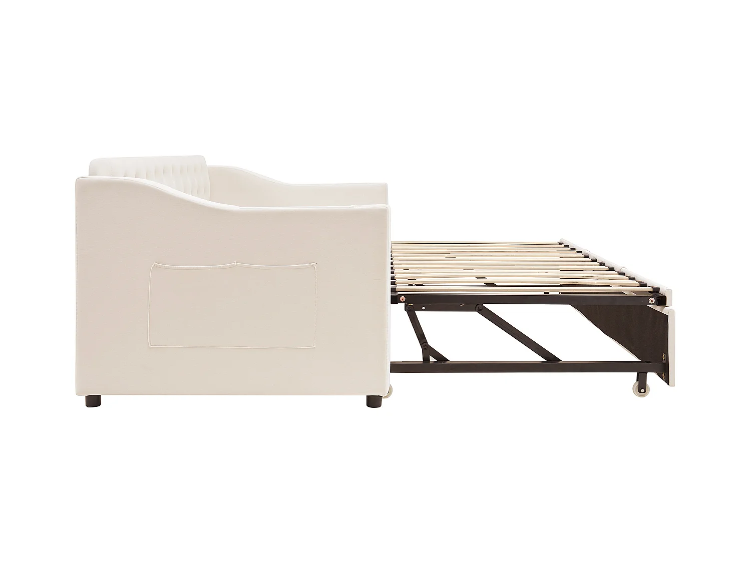 Lit enfant banquette 90/180x190cm beige en velours convertible, avec ports USB et prise secteur, sans matelas