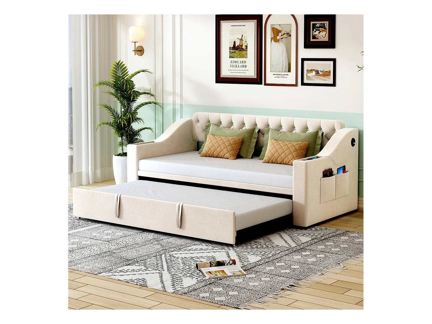 Divano letto per bambini 90/180x190cm in velluto beige trasformabile, con porte USB e presa di corrente, senza materasso