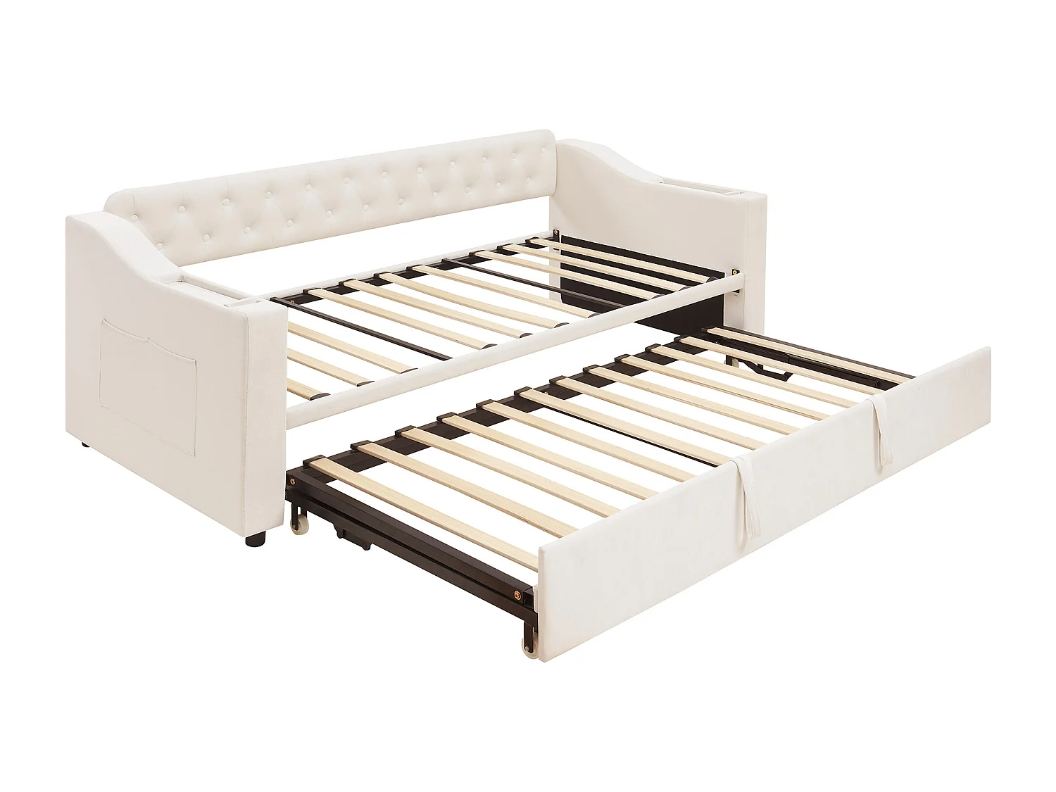 Divano letto per bambini 90/180x190cm in velluto beige trasformabile, con porte USB e presa di corrente, senza materasso