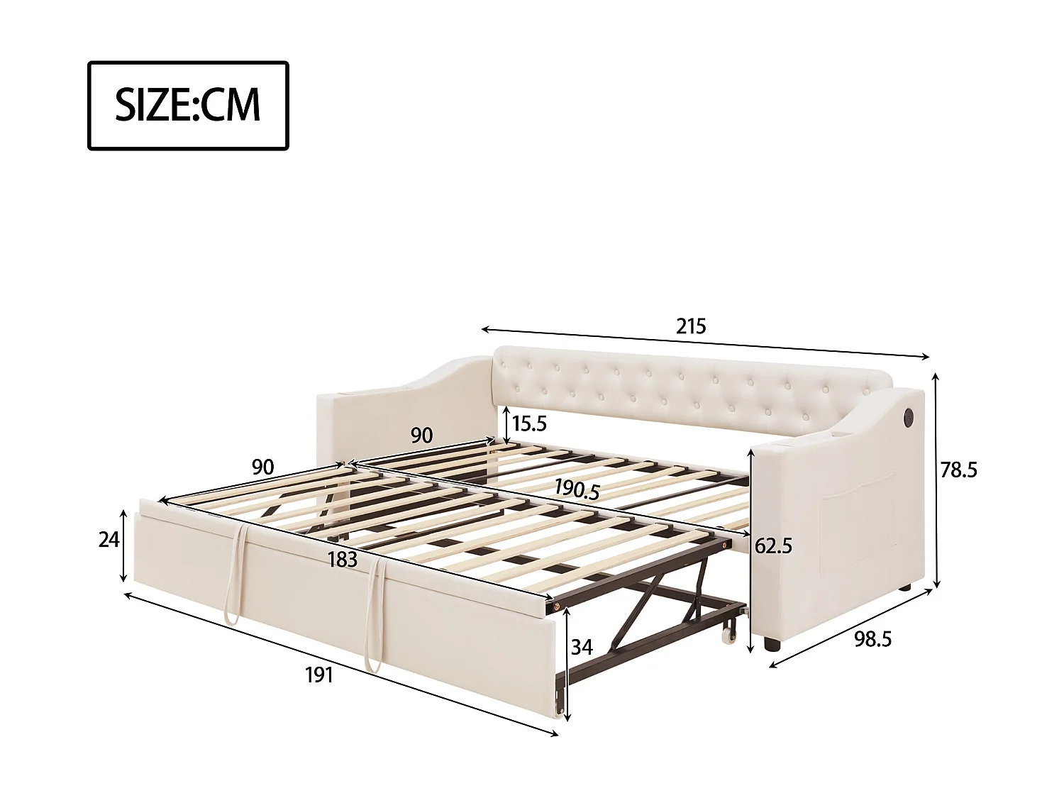 Divano letto per bambini 90/180x190cm in velluto beige trasformabile, con porte USB e presa di corrente, senza materasso