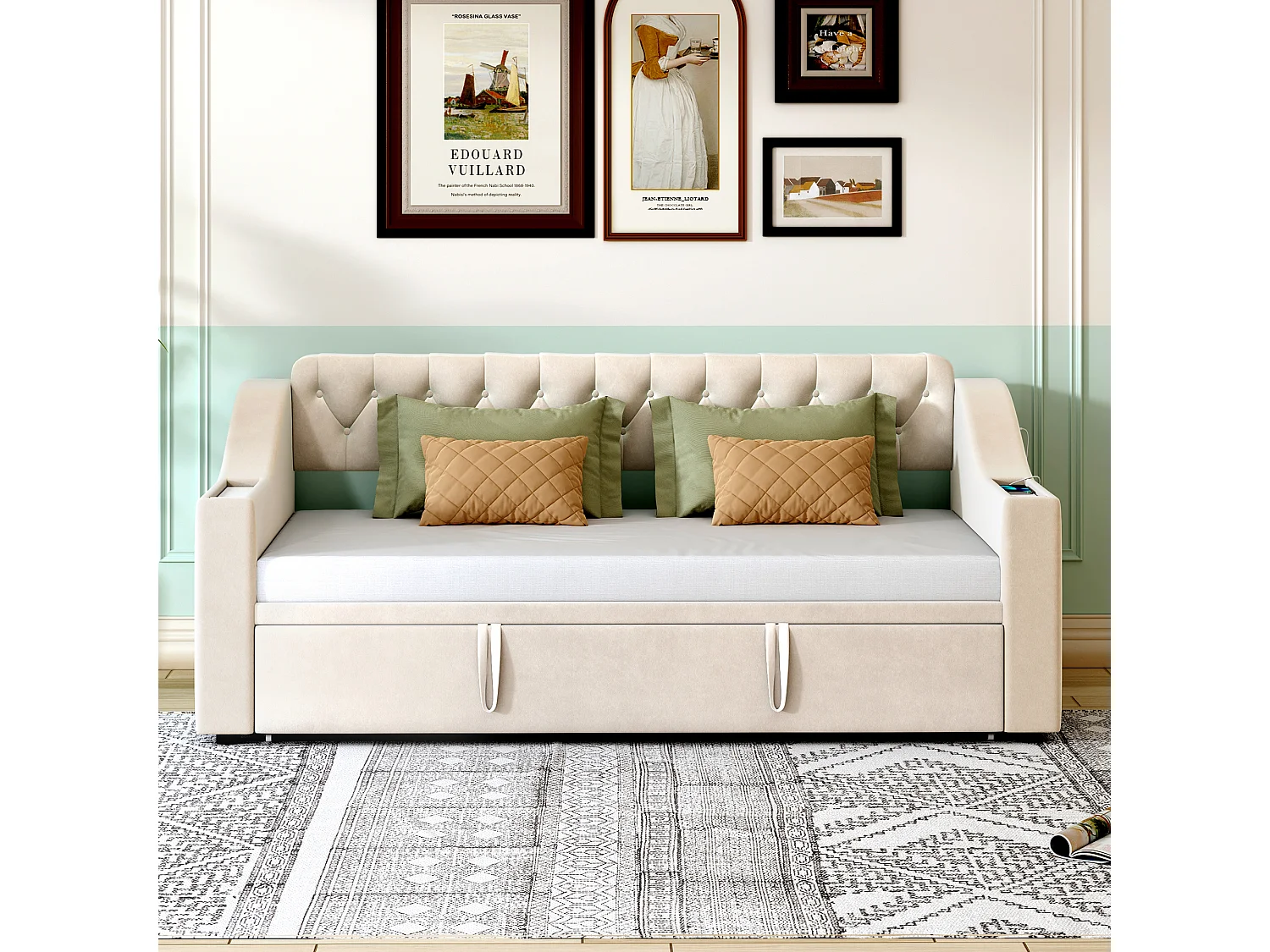 Lit enfant banquette 90/180x190cm beige en velours convertible, avec ports USB et prise secteur, sans matelas