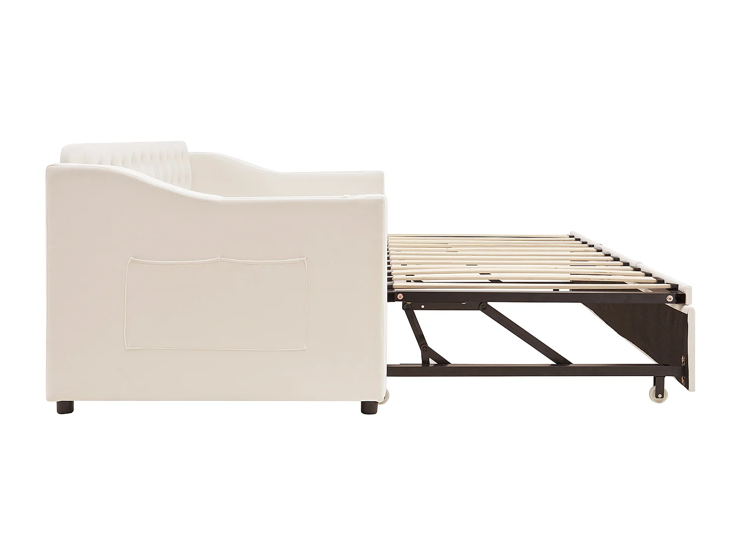 Lit enfant banquette 90/180x190cm beige en velours convertible, avec ports USB et prise secteur, sans matelas