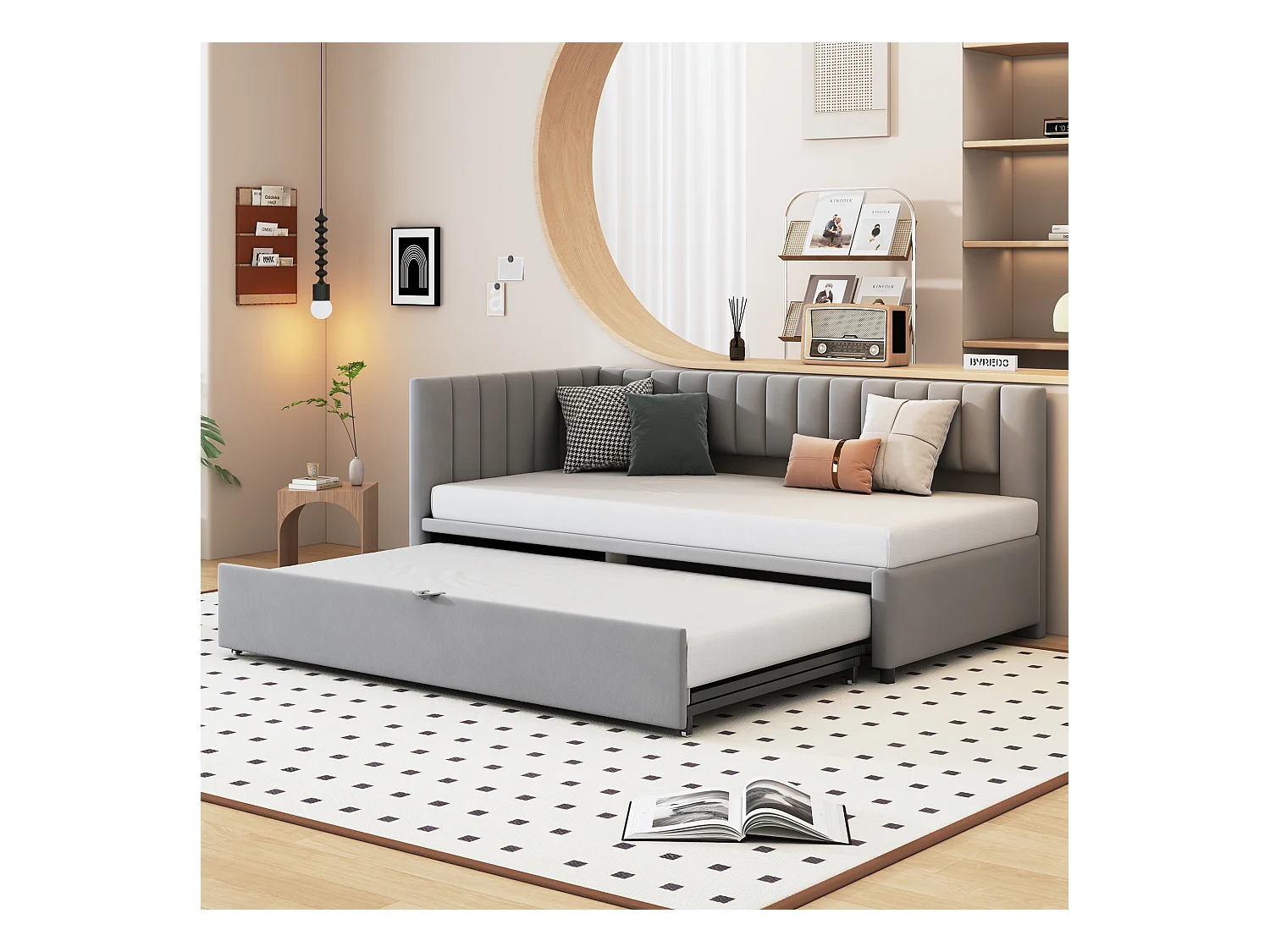 Lit enfant banquette 90/180x200cm gris clair en velours convertible, avec dossier et tête de lit rembourrés, sans matelas