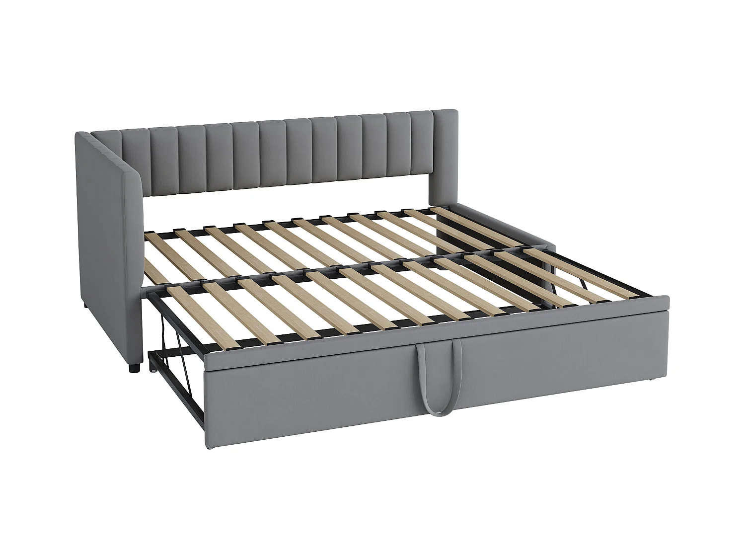 Lit enfant banquette 90/180x200cm gris clair en velours convertible, avec dossier et tête de lit rembourrés, sans matelas