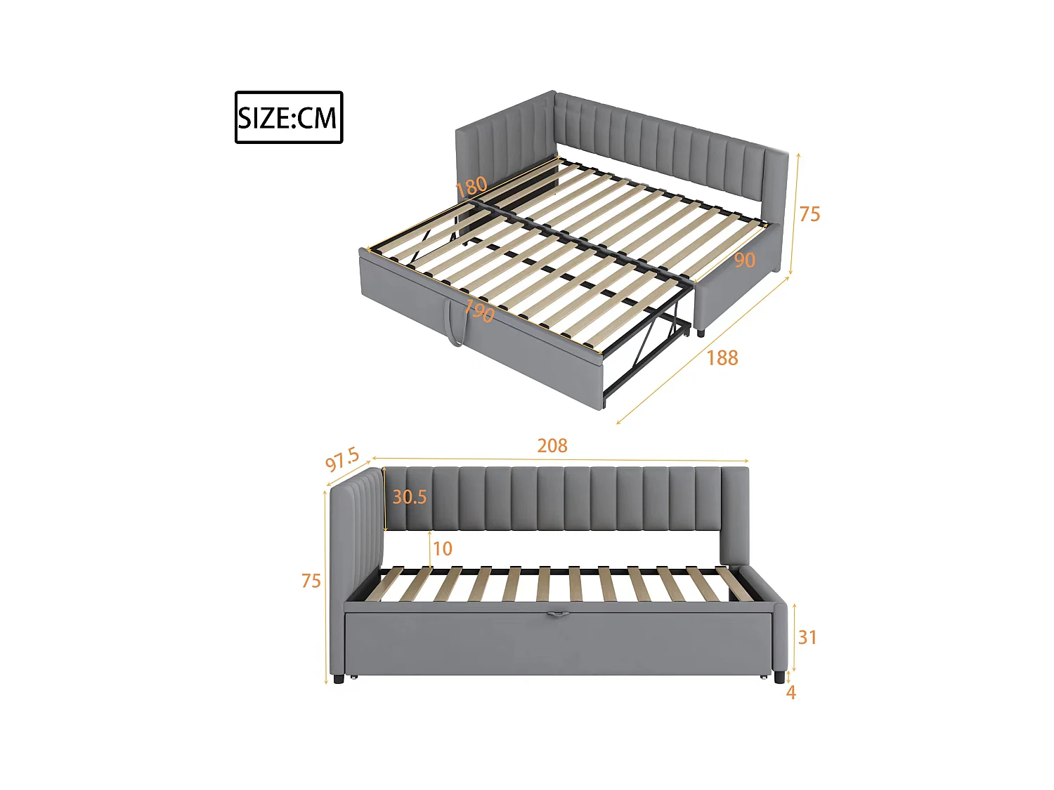 Lit enfant banquette 90/180x200cm gris clair en velours convertible, avec dossier et tête de lit rembourrés, sans matelas